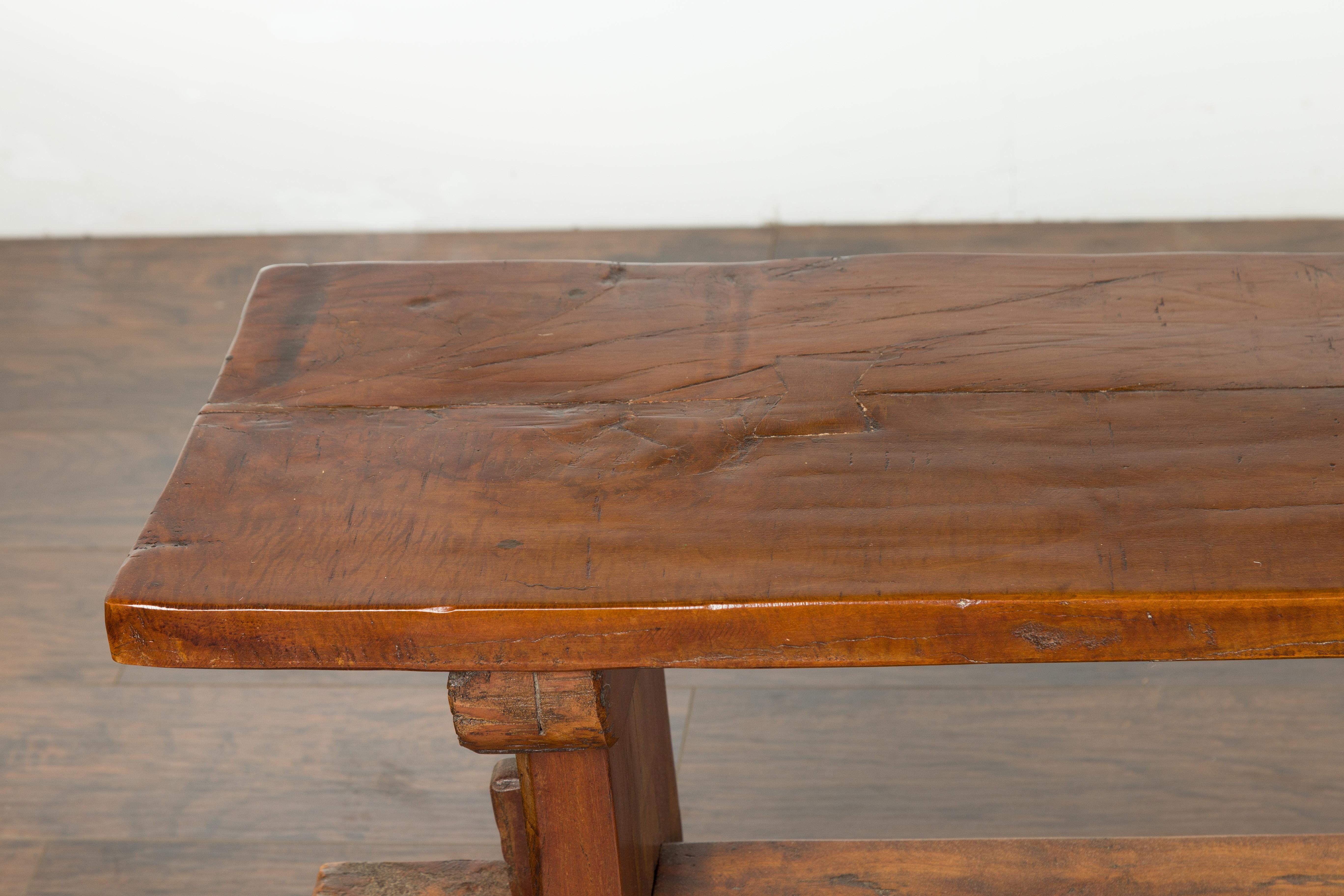 Rustic Italian Walnut Bench with Trestle Base from the Early 19th Century 4