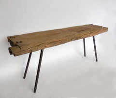 Rustic Japanese Wooden Trough Console with Hand-Forged Iron Legs