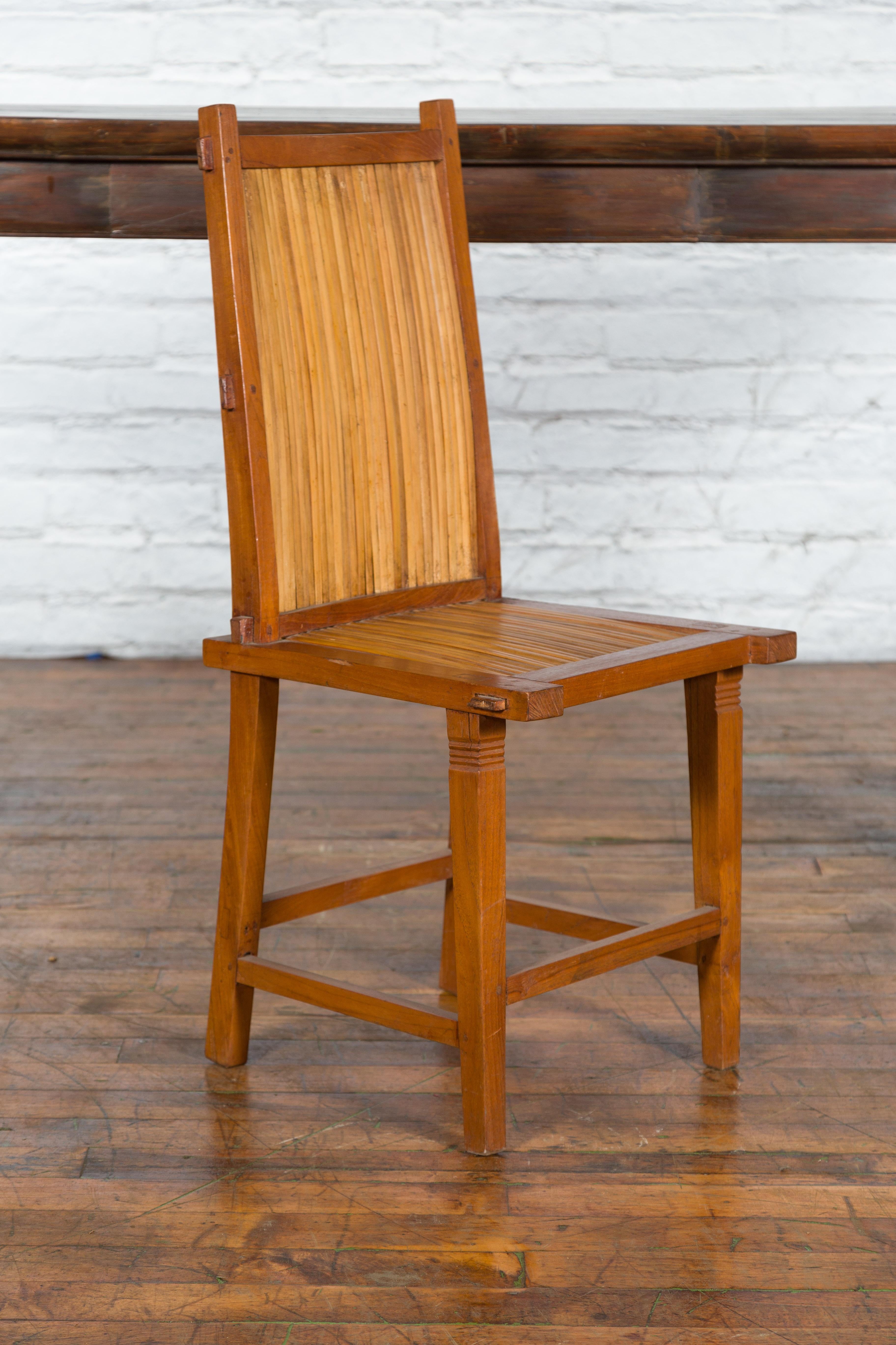 Rustic Javanese Vintage Wooden Side Chair with Slatted Bamboo Back and Seat For Sale 7
