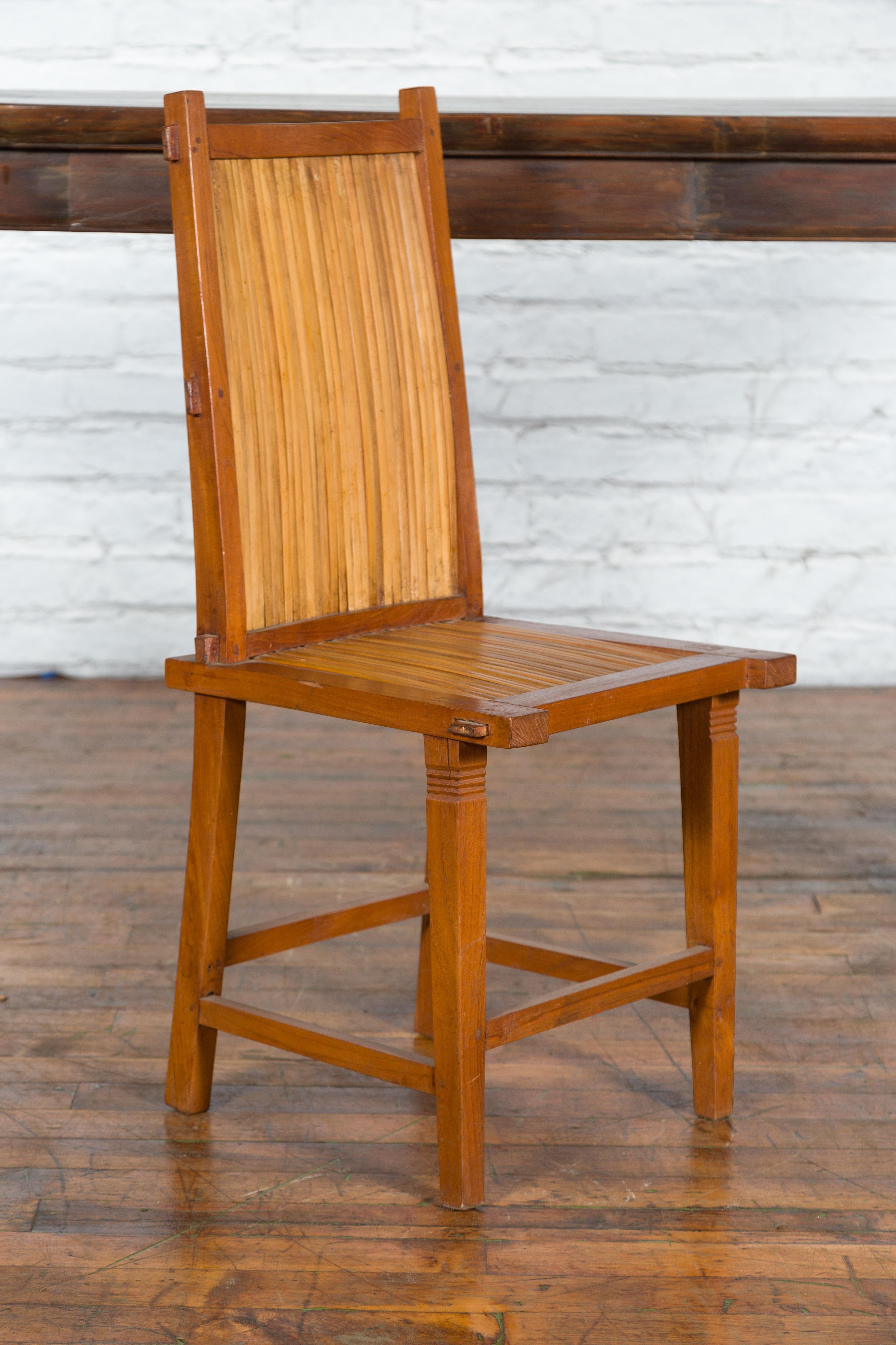 Rustic Javanese Vintage Wooden Side Chair with Slatted Bamboo Back and Seat For Sale 8