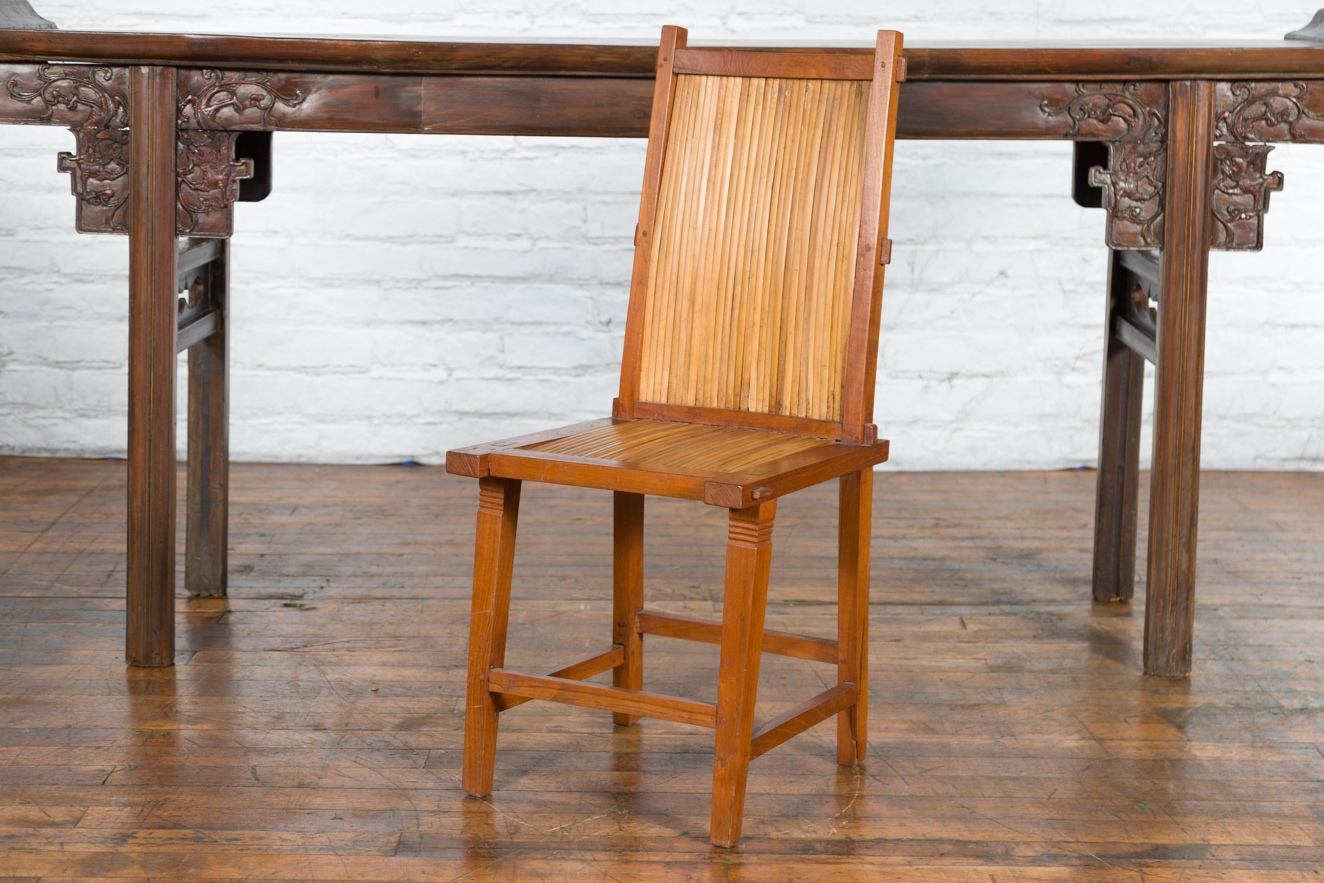 Rustic Javanese Vintage Wooden Side Chair with Slatted Bamboo Back and Seat For Sale 12