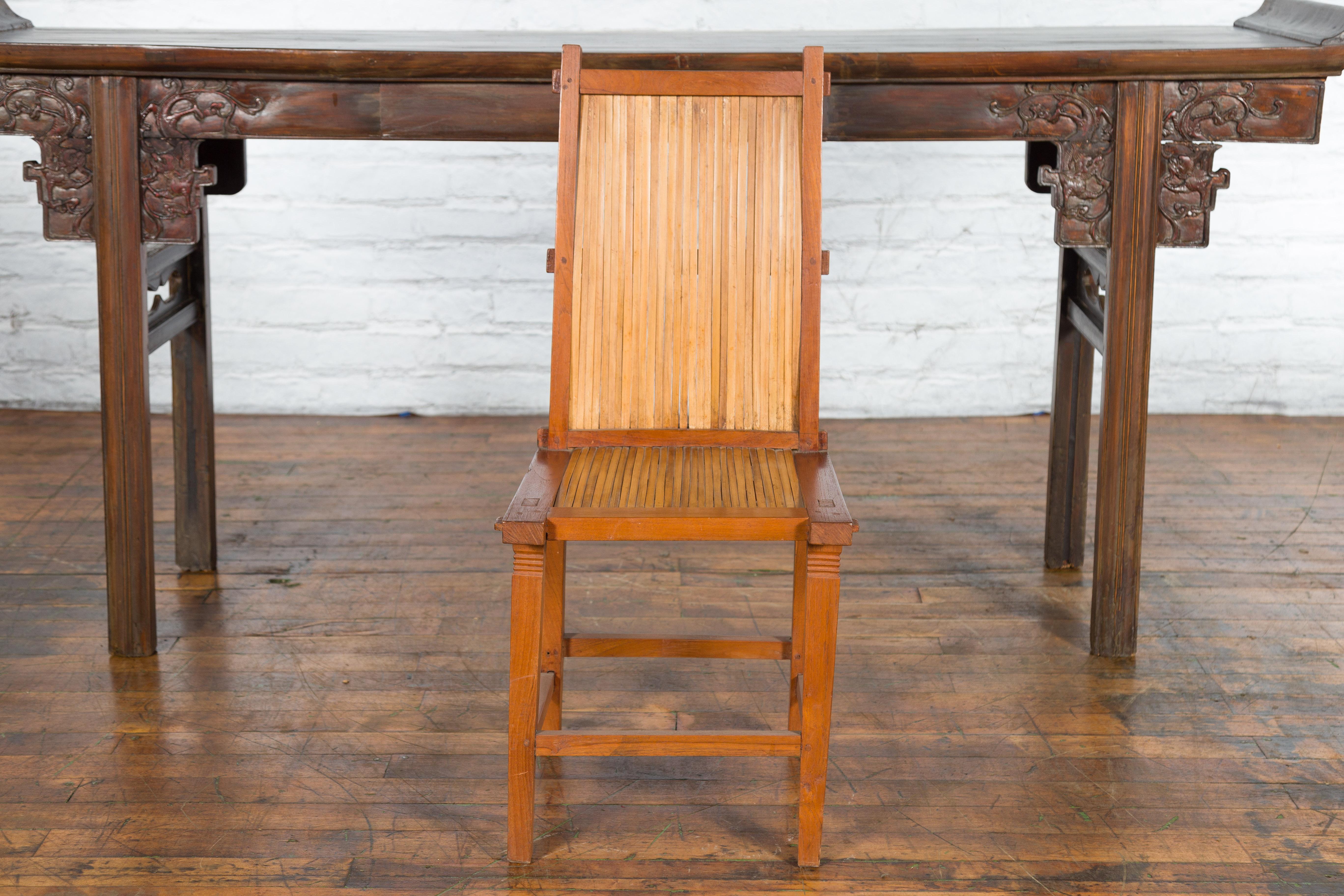 20th Century Rustic Javanese Vintage Wooden Side Chair with Slatted Bamboo Back and Seat For Sale