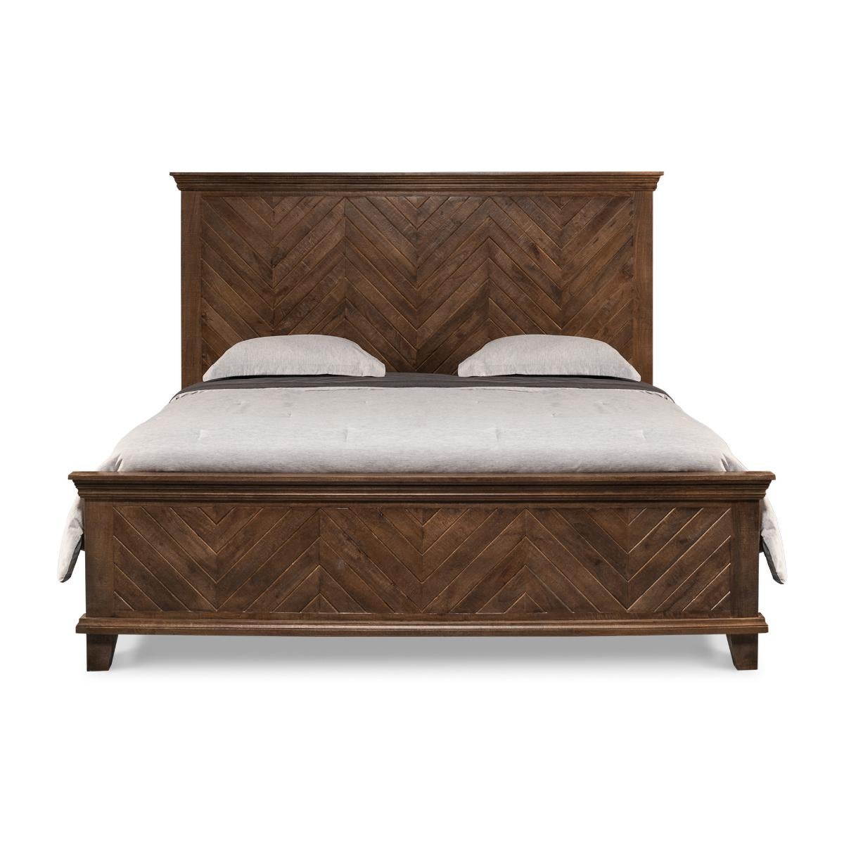 Rustic king size bed in a walnut finish this rustic bed's herringbone pattern to the head and footboard provide visual interest in a modern transitional style. Anchored by a state-of-the-art slat suspension system and raised tapered