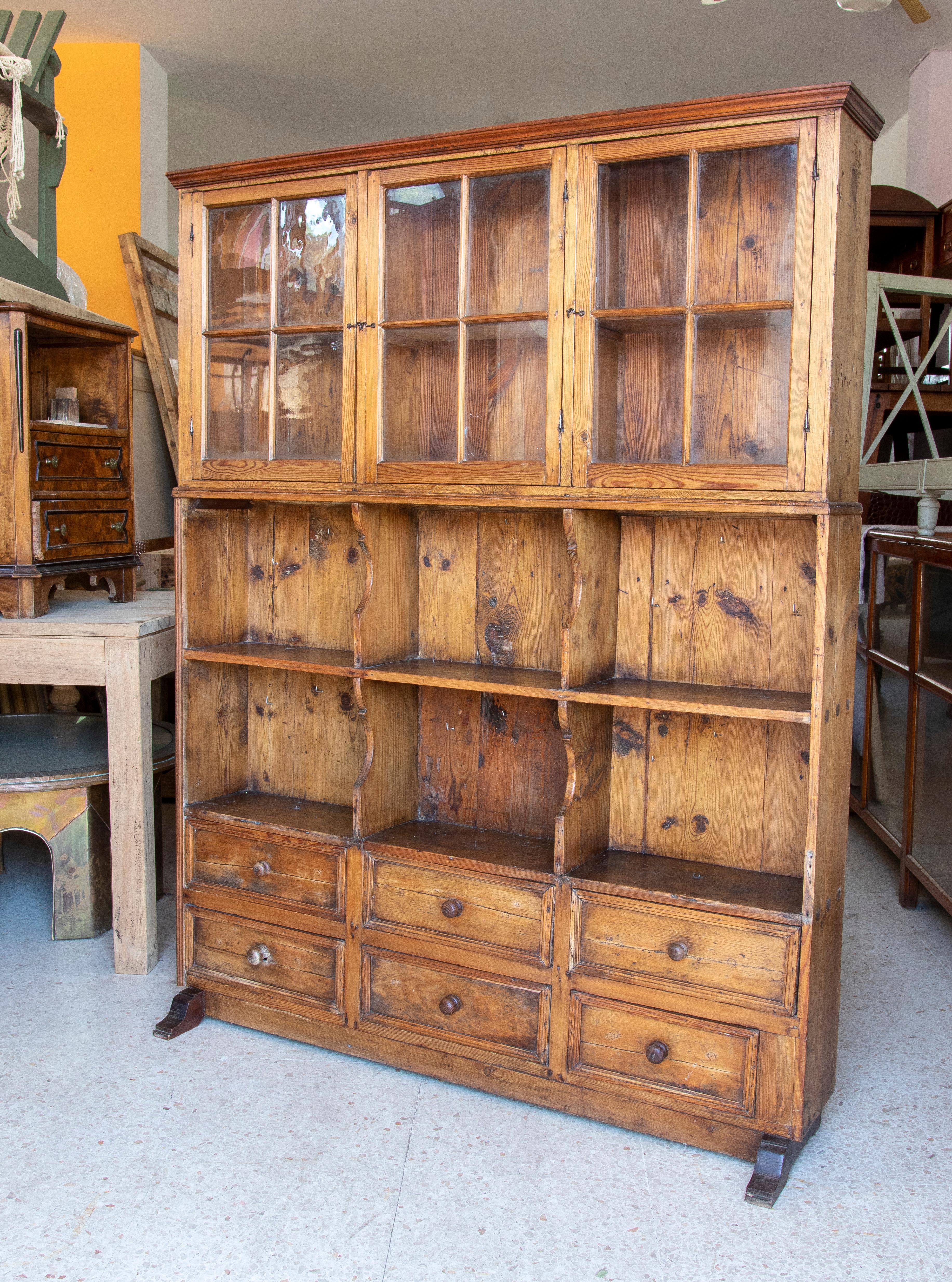 Spanish Rustic Kitchen Display Cabinet with Doors, Shelves and Drawers in the Lower Part For Sale
