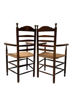 Rustic Ladder Back Armchairs, Patinated Beech, Dutch Design, 1900s