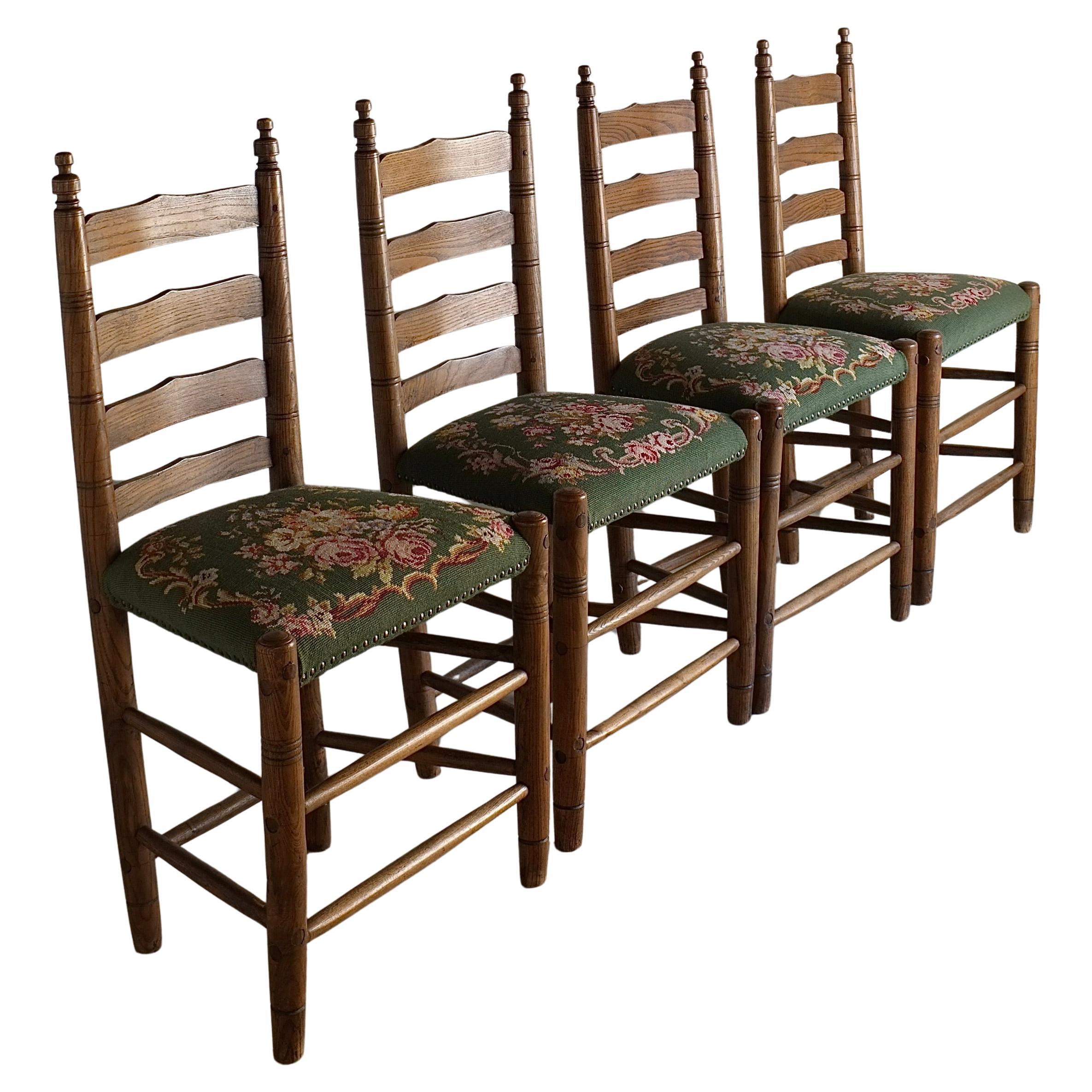 Rustic Ladder-Back Oak Chairs with Embroidered Seats, Netherlands, 1950s