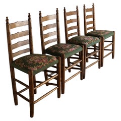 Rustic Ladder-Back Oak Chairs with Embroidered Seats, Netherlands, 1950s