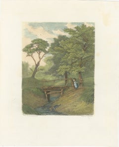 Rustic Landscape with Child and Bridge, 1856 Engraving by P.L. Dubourcq