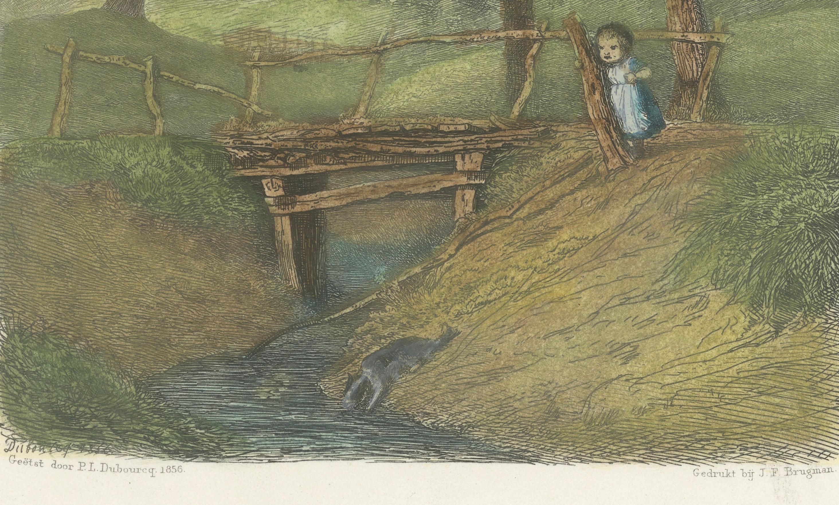 Rustic Landscape with Child and Bridge, 1856 Engraving by P.L. Dubourcq In Good Condition For Sale In Langweer, NL