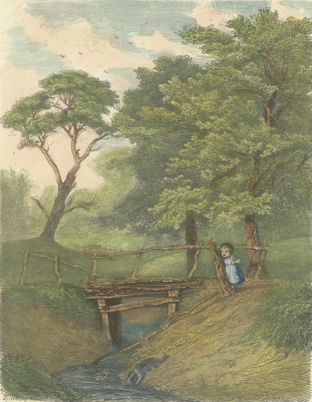 Mid-19th Century Rustic Landscape with Child and Bridge, 1856 Engraving by P.L. Dubourcq For Sale