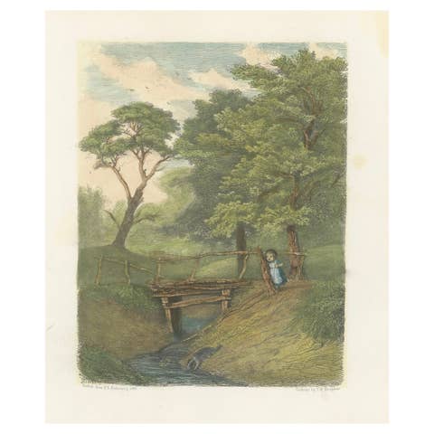 Rustic Landscape with Child and Bridge, 1856 Engraving by P.L. Dubourcq