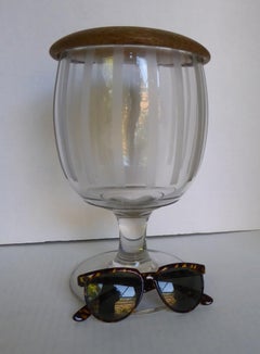 Rustic Large Etched Glass Goblet Vessel with Wood Top 1950s.