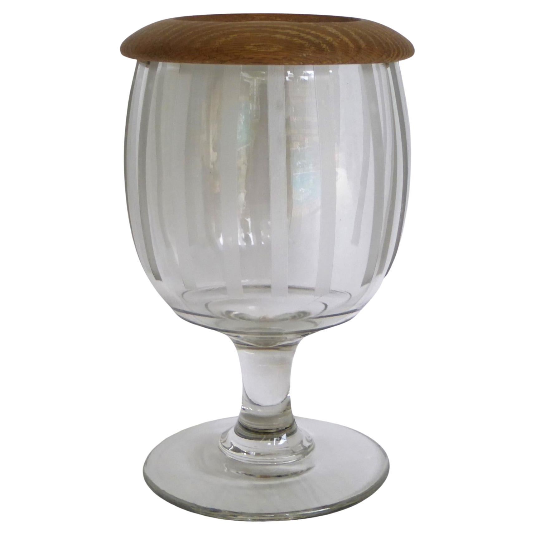 Rustic Large Etched Glass Goblet Vessel with Wood Top 1950s.