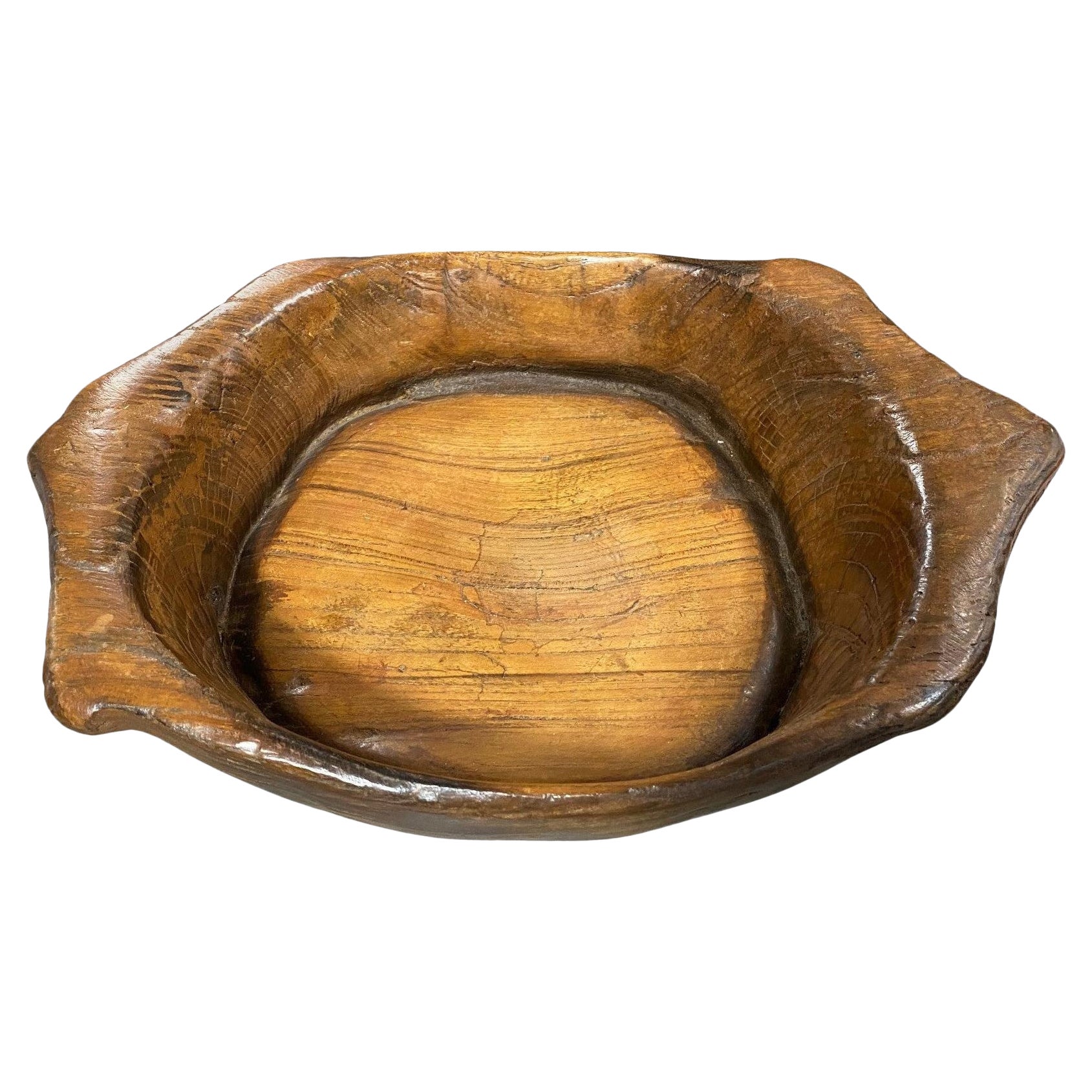 Rustic Large Folk Art Handled Natural Organic Wood Carved Bowl, 1800s For Sale