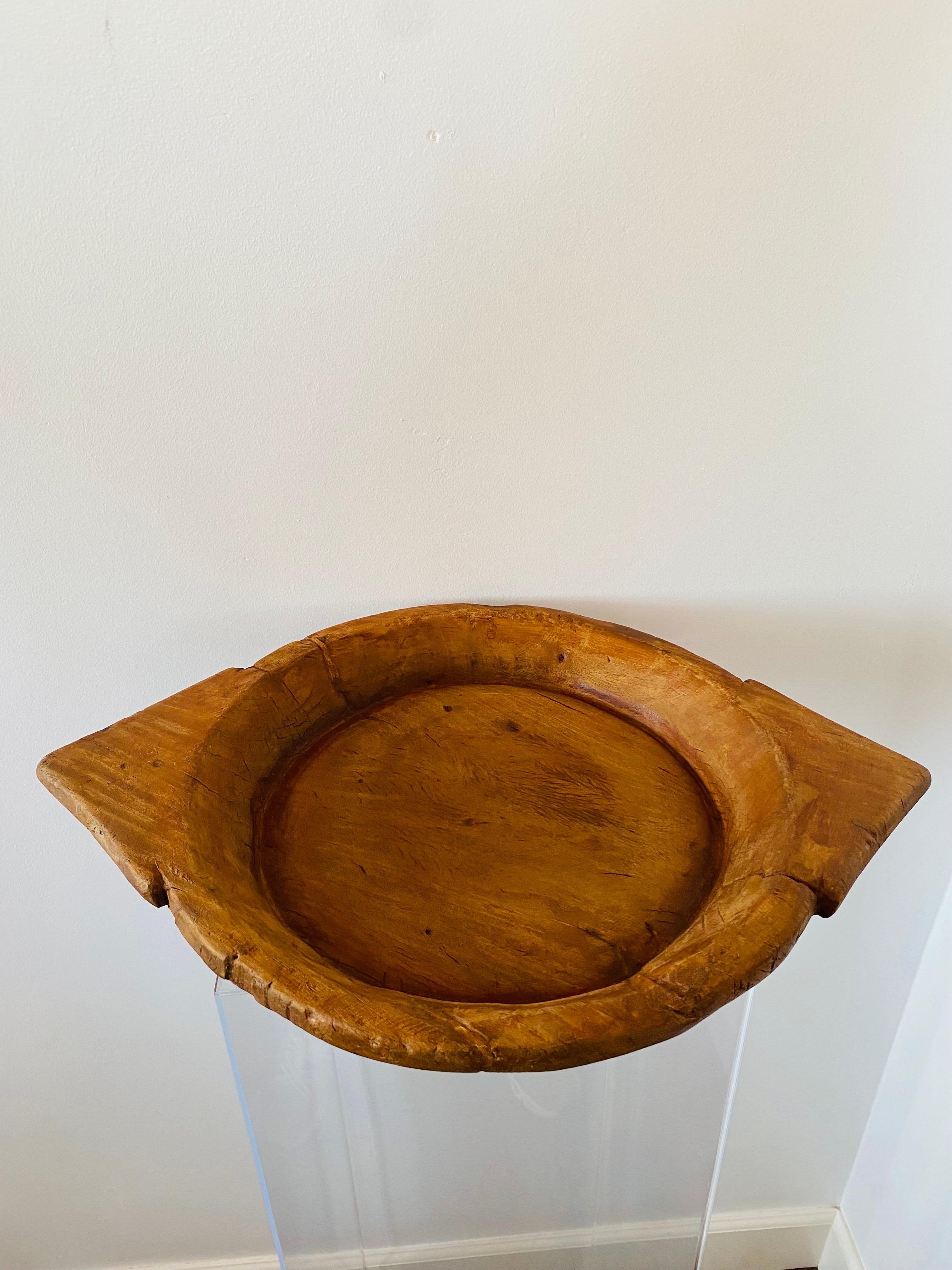Folk Art Rustic Large Organic Wood Carved Serving Bowl For Sale