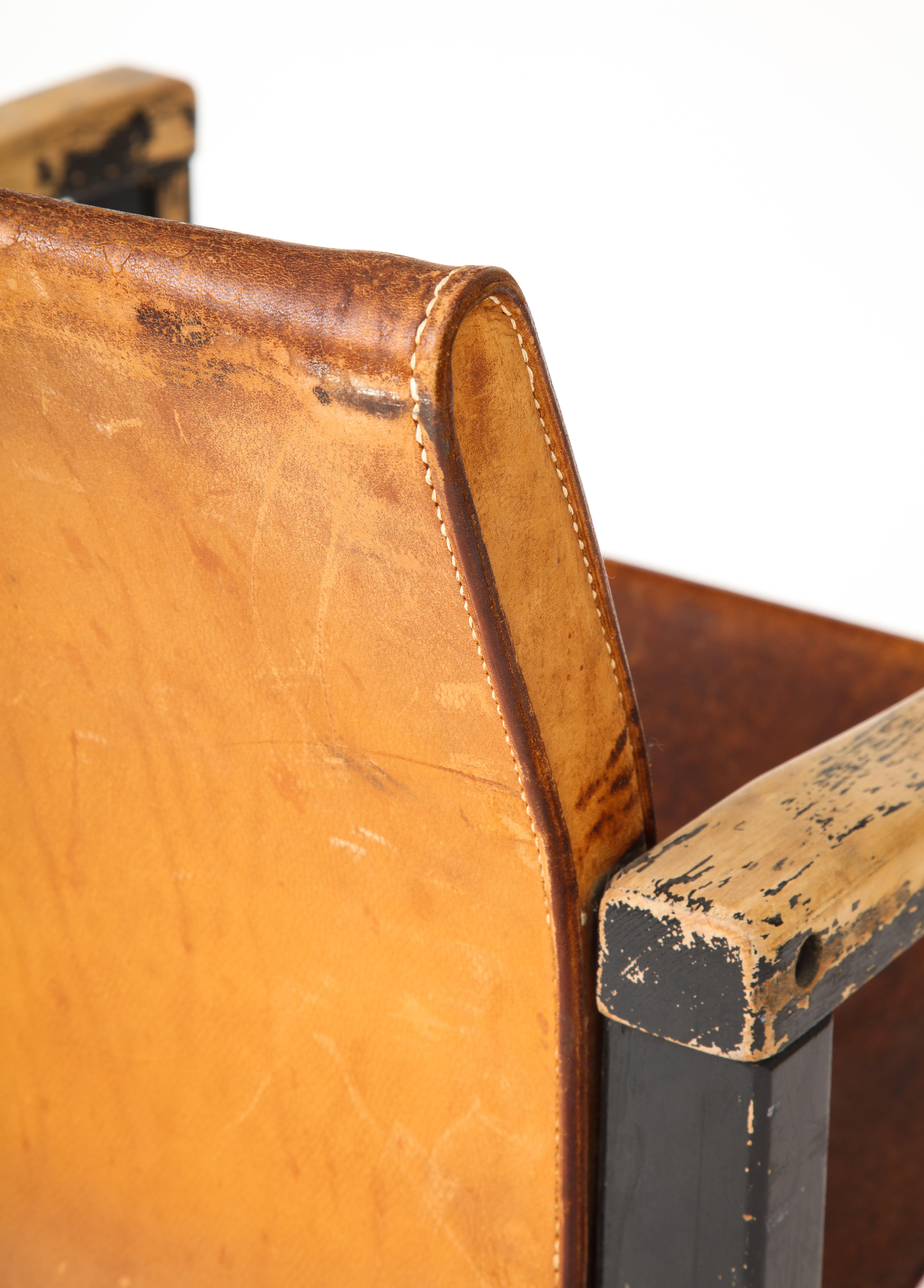 Rustic Modern Leather and Painted Wood Armchair In Fair Condition In New York, NY