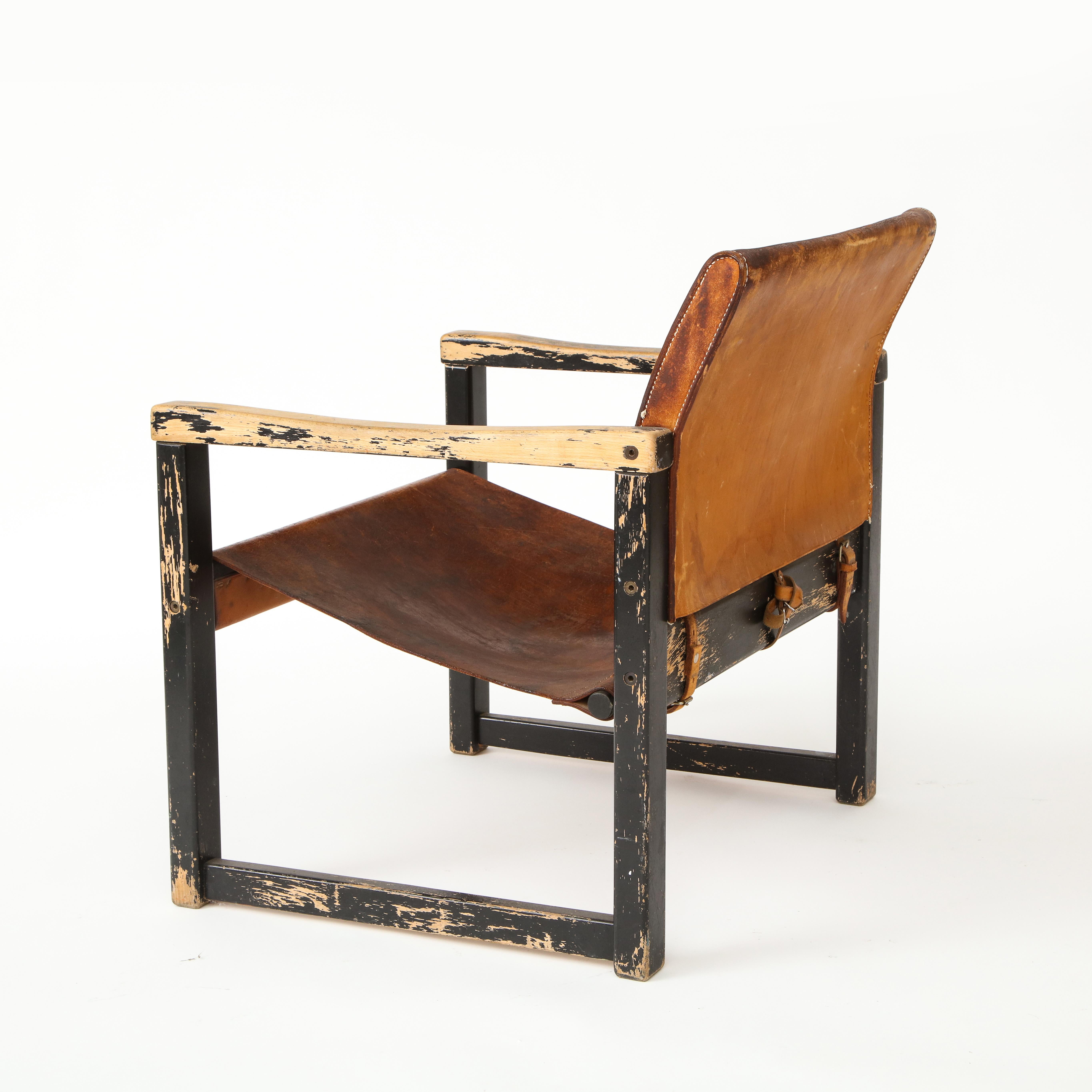 Mid-20th Century Rustic Modern Leather and Painted Wood Armchair