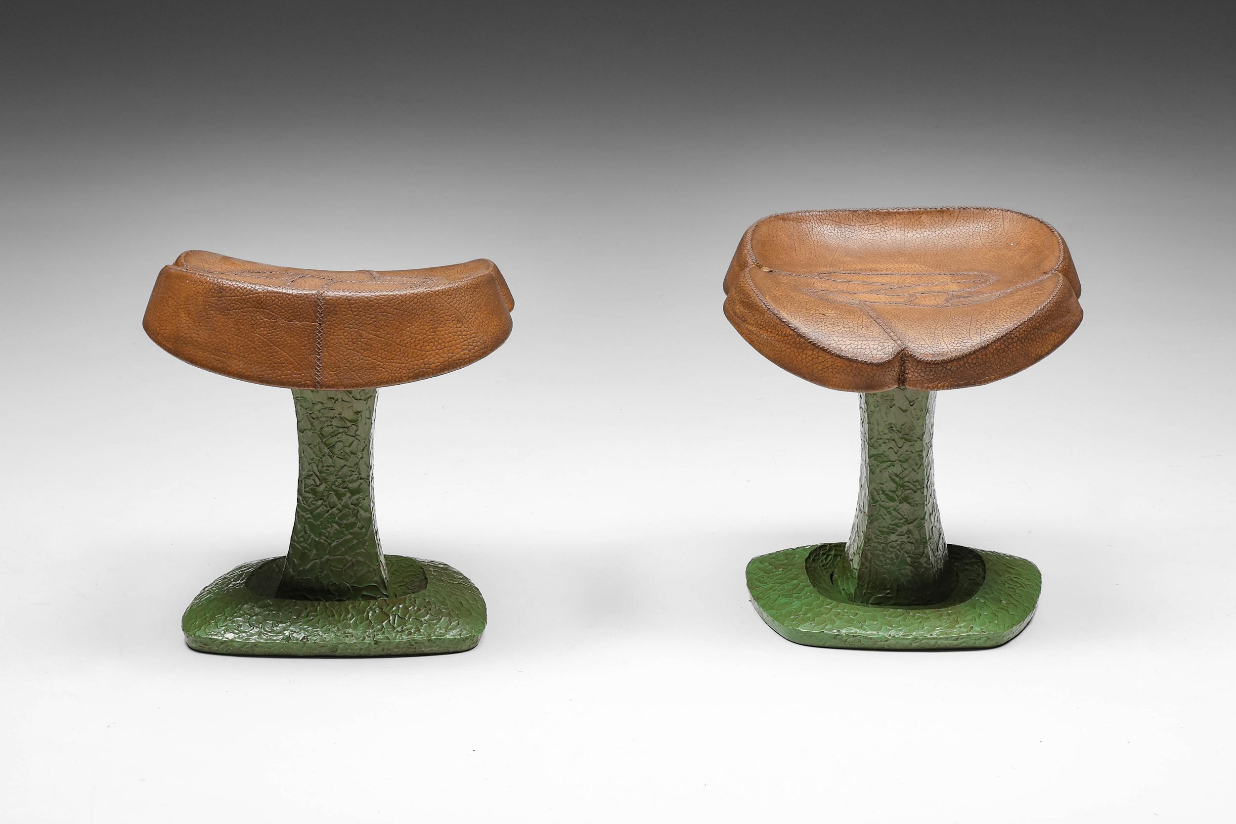 Post-modern; Italy; Mid-century modern; Wabi-Sabi; Oriental; Memphis; Organic modern; 

Postmodern set of stools with curved seating made as a special commission by an Italian artist in the 1950s. With oriental influences, this eclectic piece