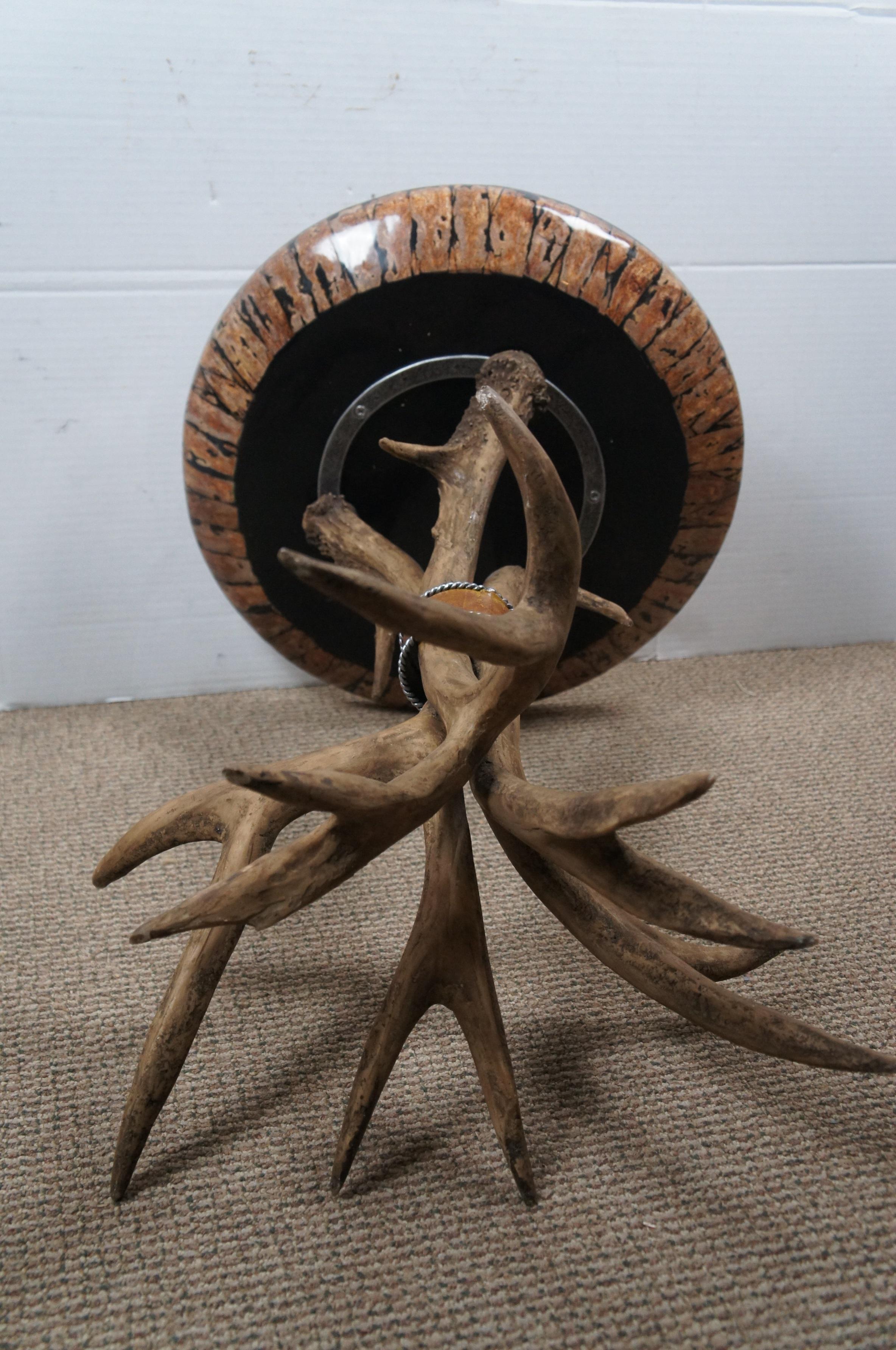 Resin Rustic Log Cabin Lodge Country Hunt Theme Faux Antler Horn Side Table 24