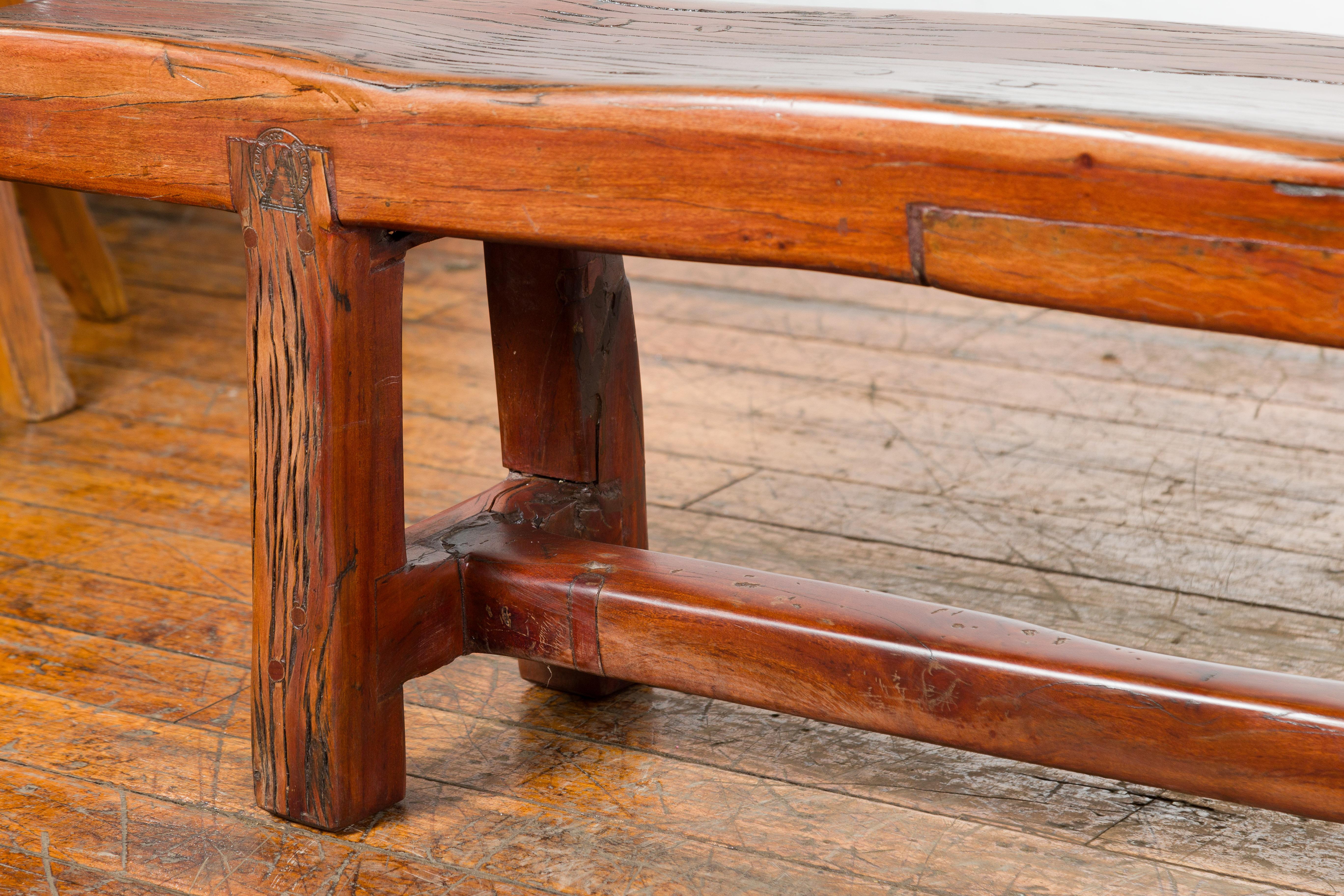 Rustic Long A-Frame Wooden Bench with Cross Stretcher and Splaying Legs For Sale 5