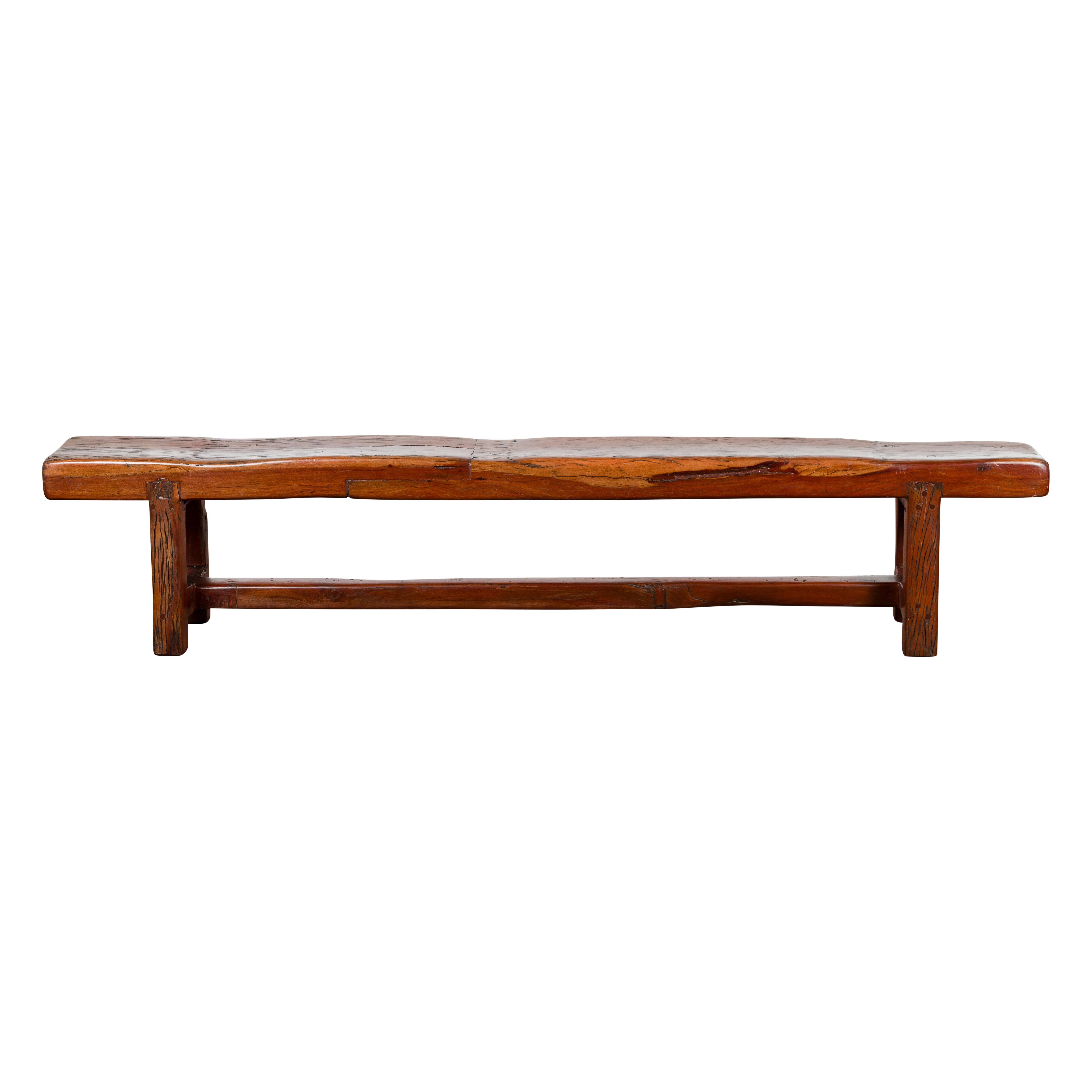Rustic Long A-Frame Wooden Bench with Cross Stretcher and Splaying Legs For Sale 14