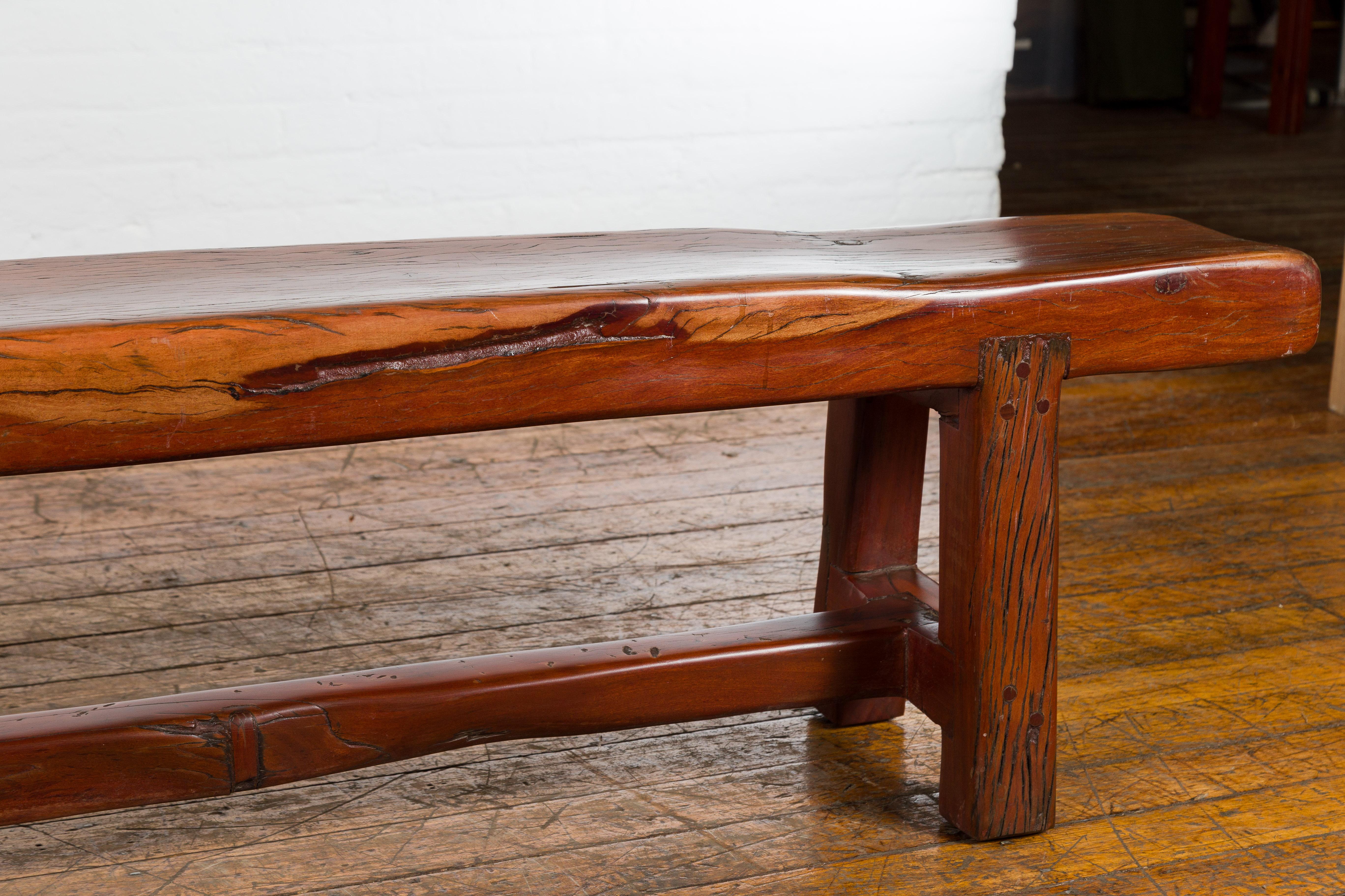 19th Century Rustic Long A-Frame Wooden Bench with Cross Stretcher and Splaying Legs For Sale