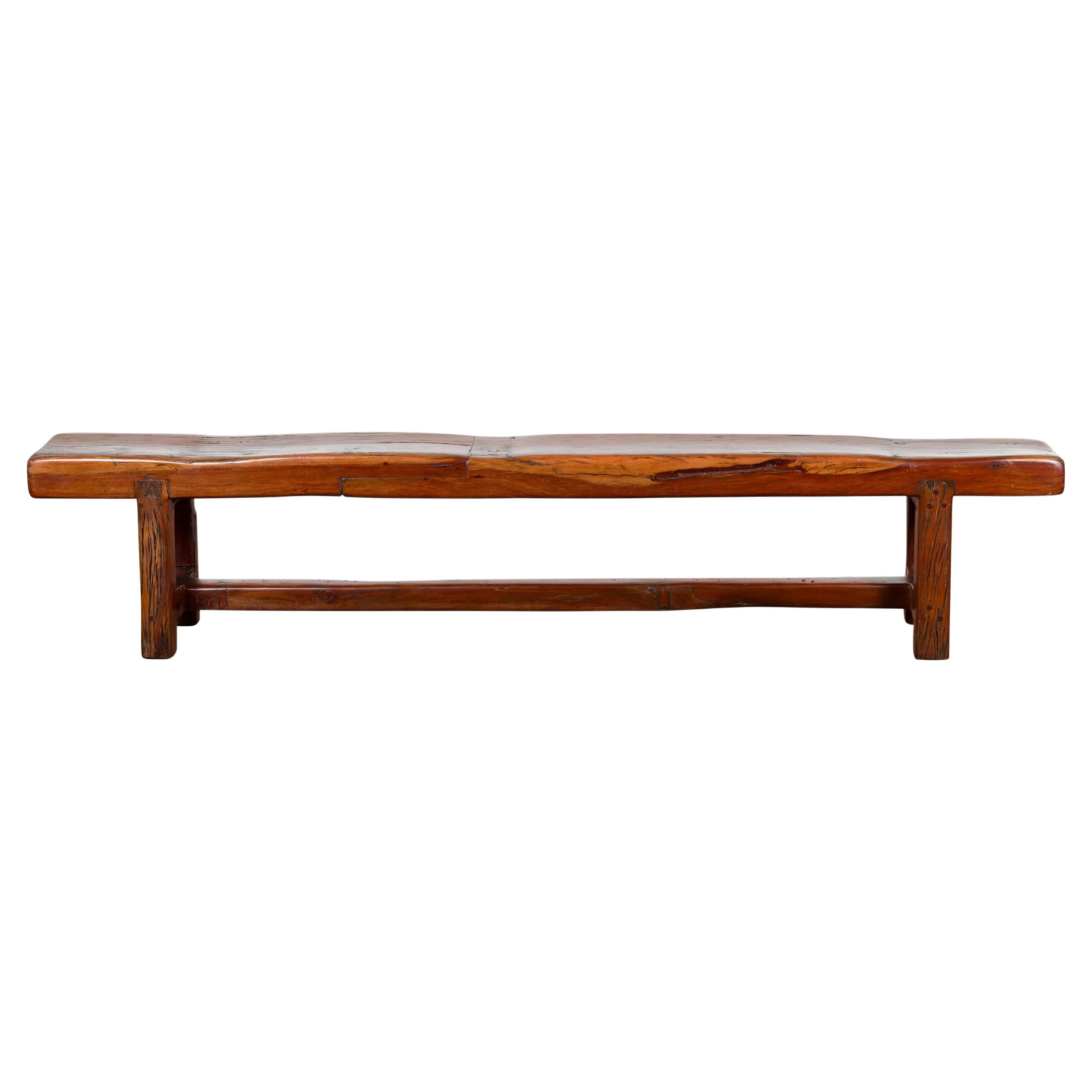 Rustic Long A-Frame Wooden Bench with Cross Stretcher and Splaying Legs