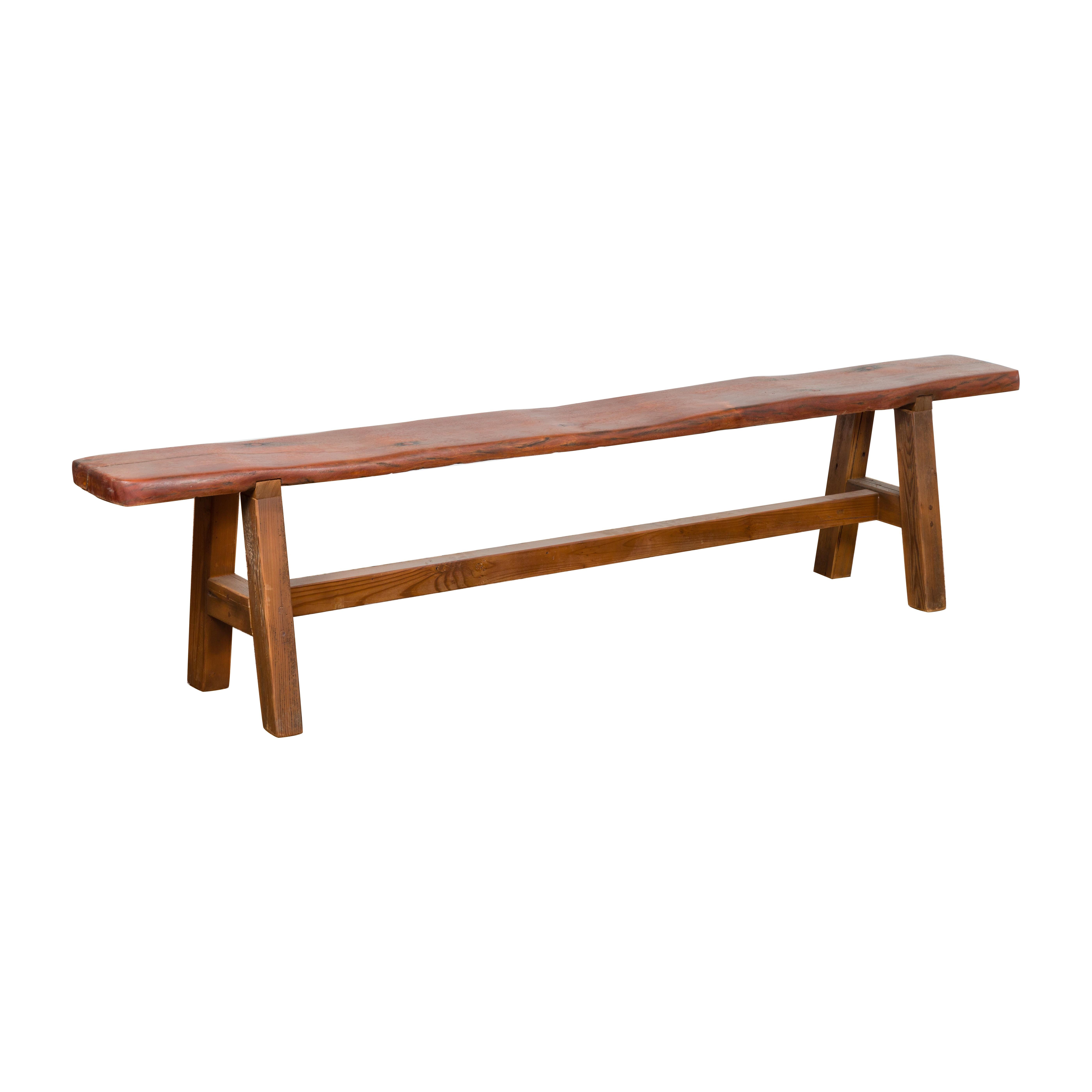 Rustic Long A-Frame Wooden Bench with Cross Stretcher and Splaying Legs For Sale 7