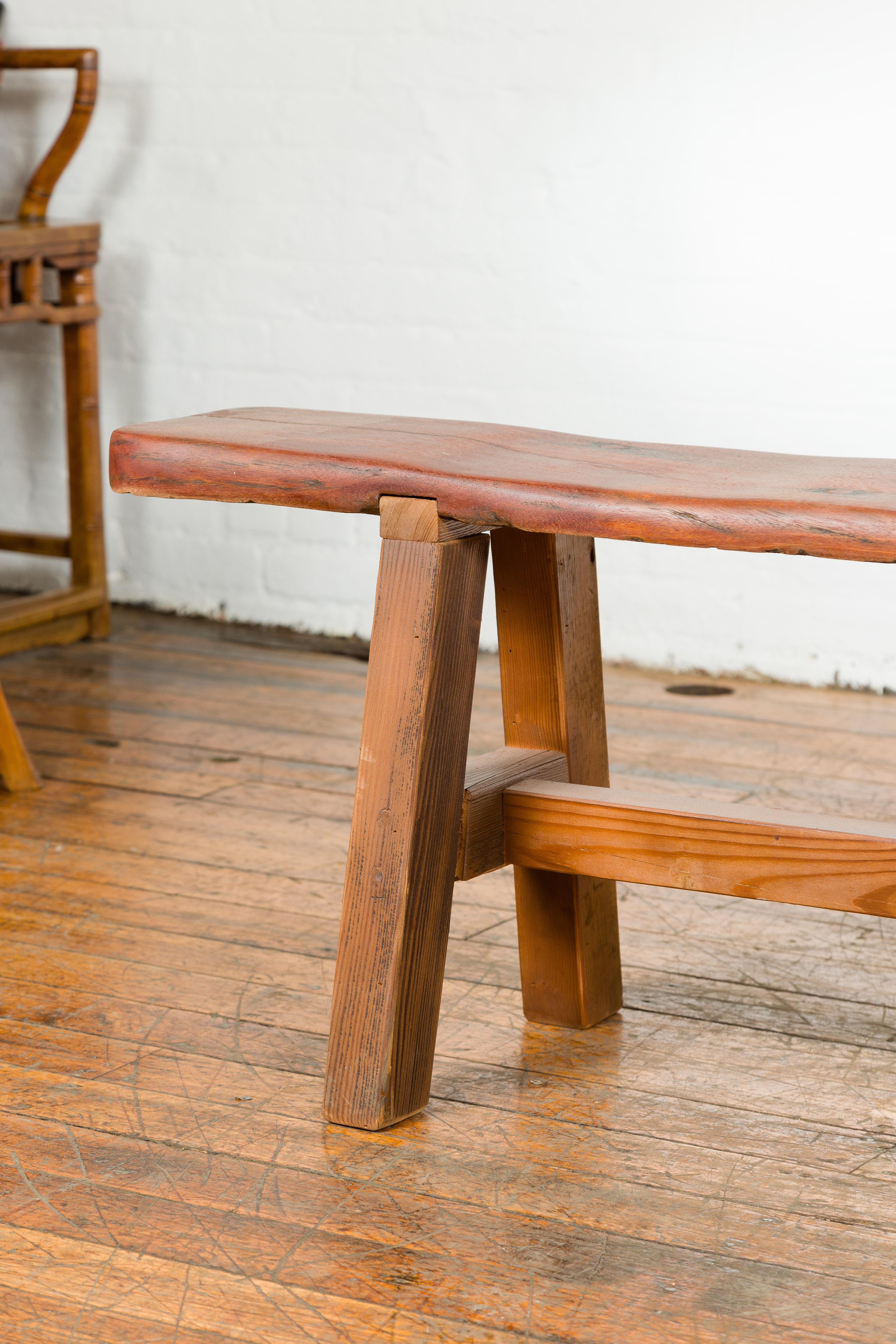 20th Century Rustic Long A-Frame Wooden Bench with Cross Stretcher and Splaying Legs For Sale