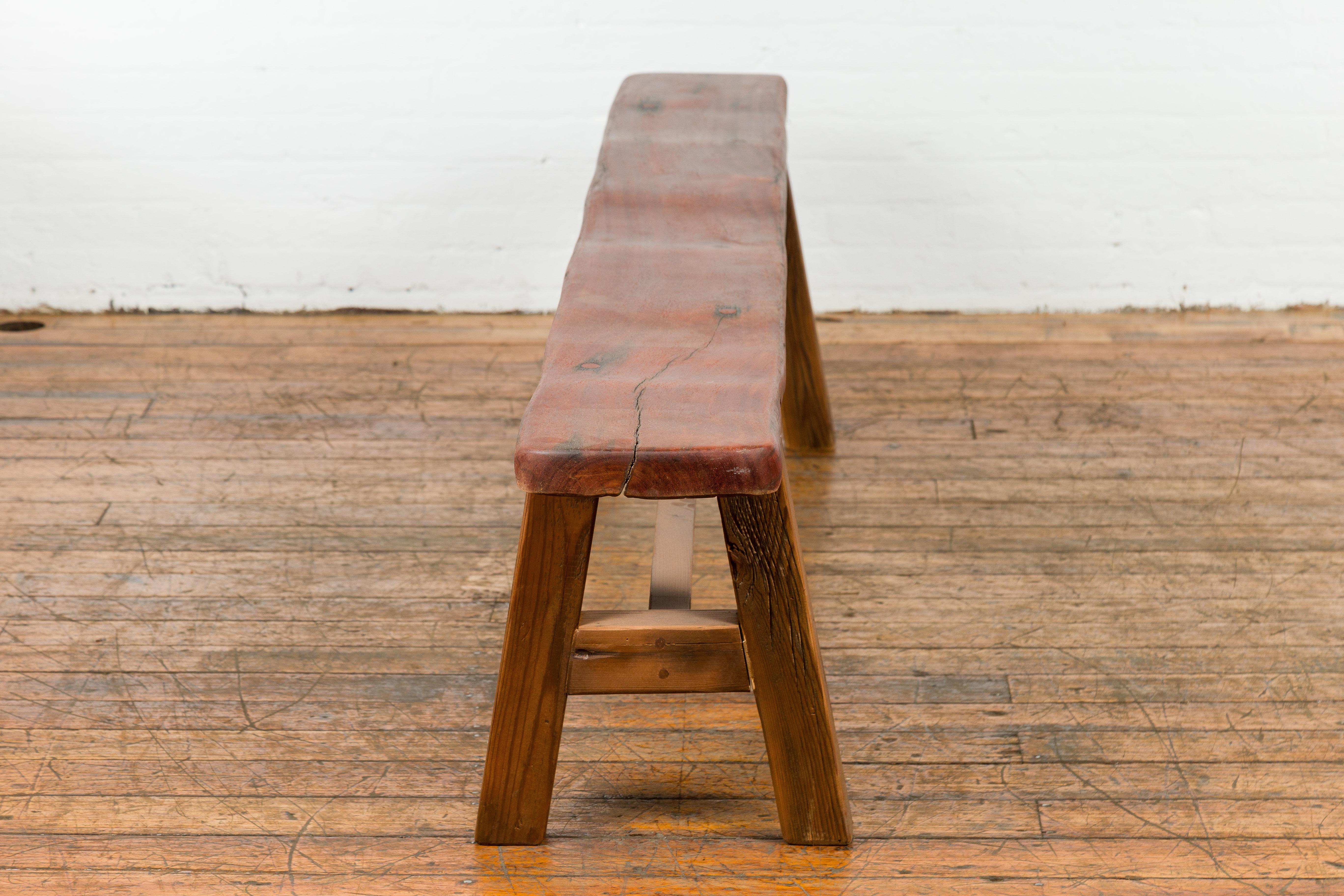 Rustic Long A-Frame Wooden Bench with Cross Stretcher and Splaying Legs For Sale 2