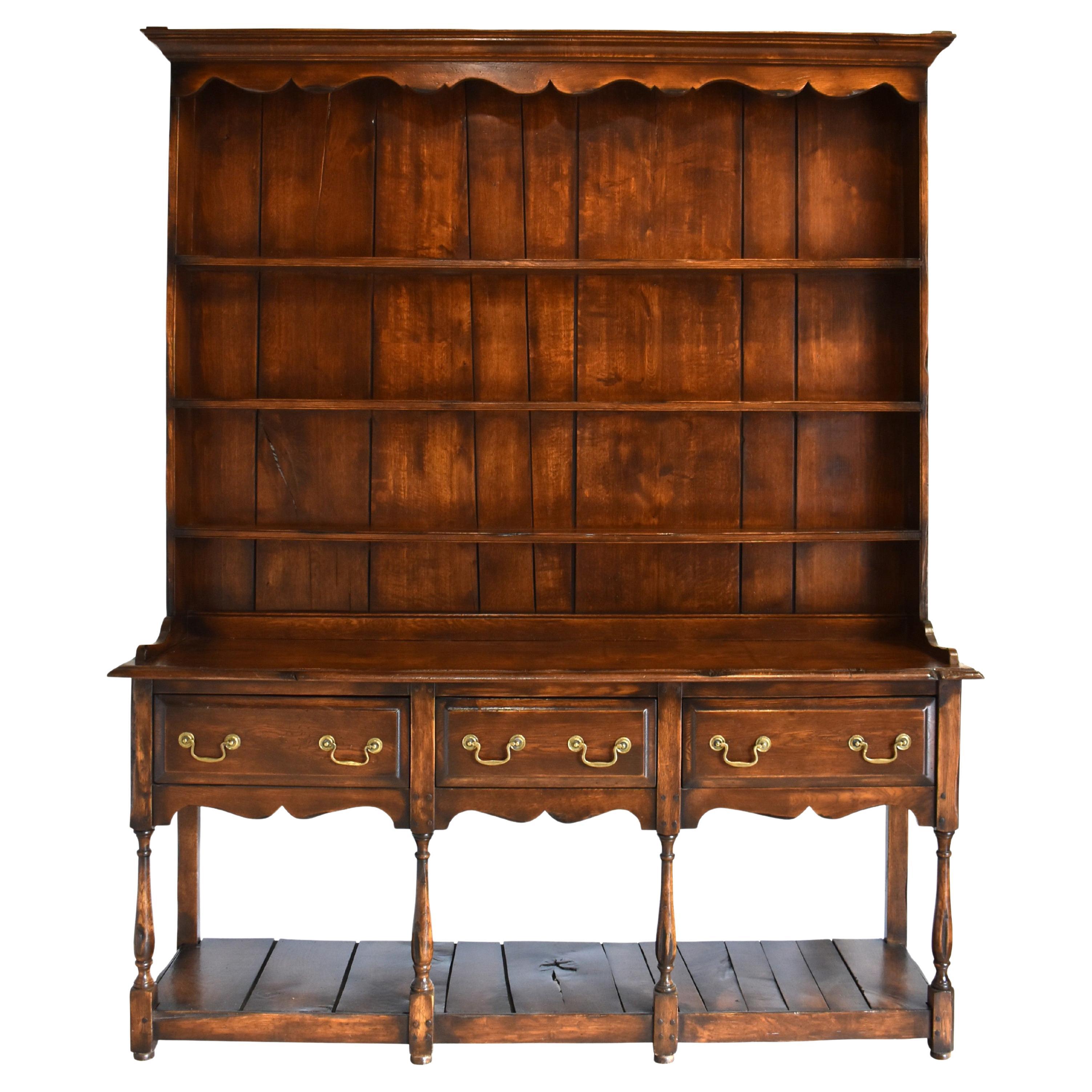 Rustic Long Oak Display Hutch with Drawers, circa 1900 For Sale