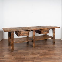 Rustic Long Work Table With 2 Drawers & Shelf, Kitchen Island Hungary circa 1880