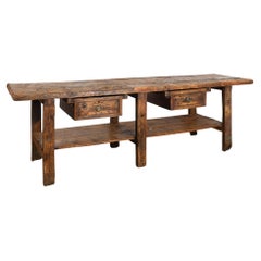 Antique Rustic Long Work Table With 2 Drawers & Shelf, Kitchen Island Hungary circa 1880