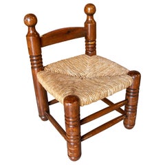 Rustic Low Chair with Woven Rush Seat, Solid Wood, Handcrafted Design