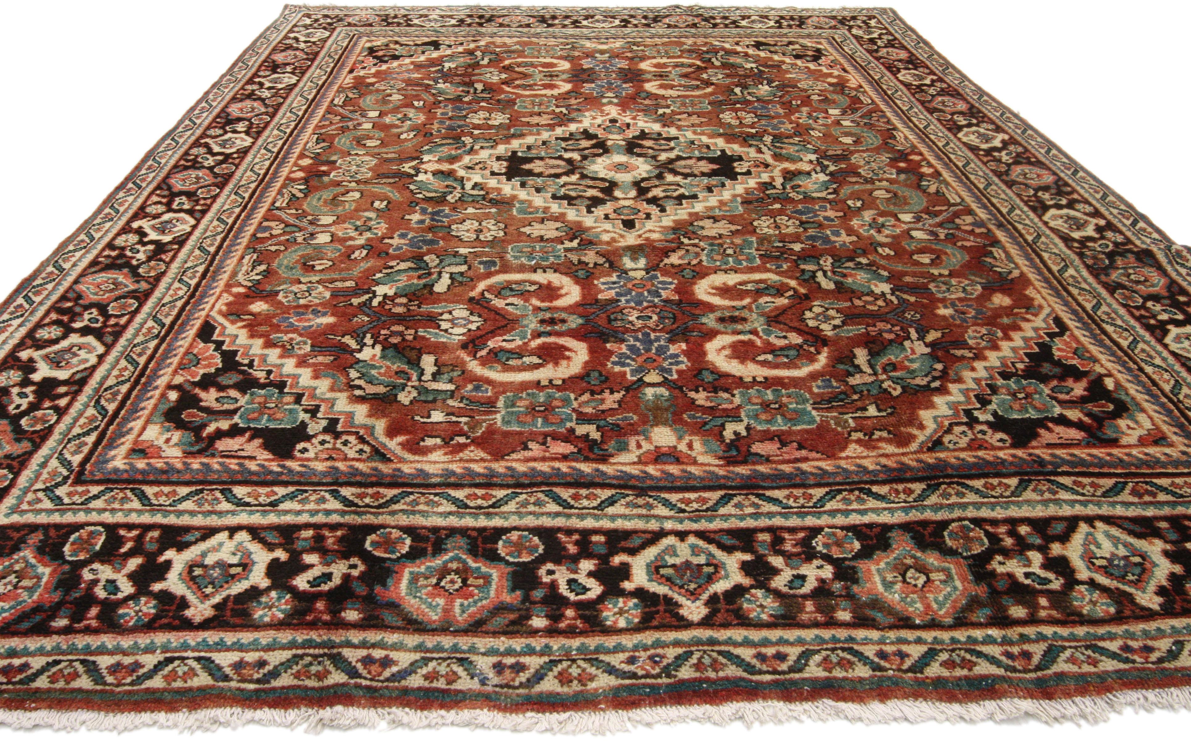 75189 Vintage Persian Mahal Area Rug with Modern Rustic Luxe Style 07'00 x 10'02. Depth and rustic beauty collide in this gorgeous hand-knotted wool vintage Persian Mahal area rug. A darkly hued stepped medallion lozenge amulet anchors an abrashed