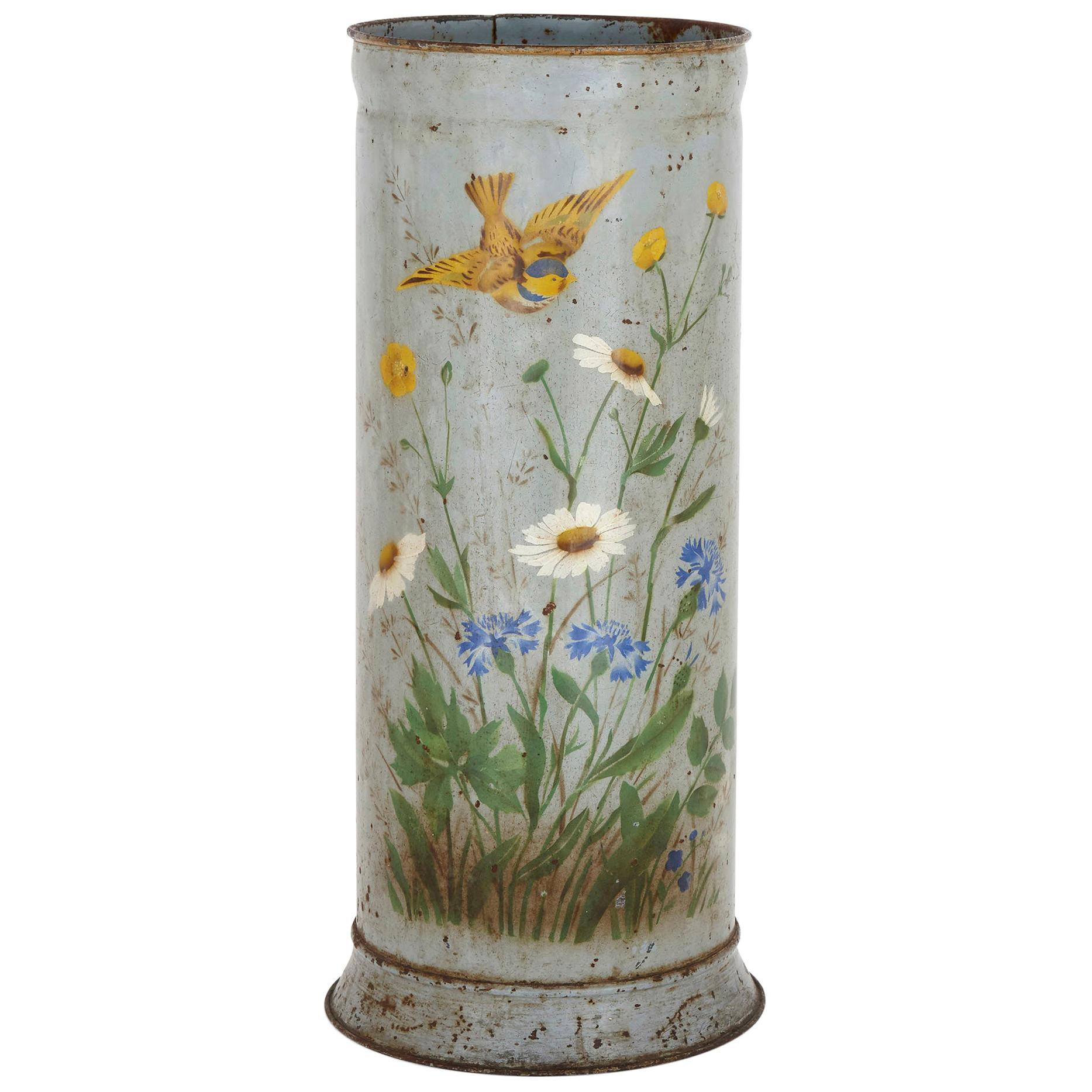 Rustic Metal Umbrella Stand with Painted Flower Decoration For Sale at