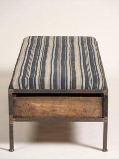 Rustic Metal & Wood Bench with Upholstered Top & Drawers, US, 20th Century