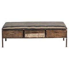 Rustic Metal & Wood Bench with Upholstered Top & Drawers, US, 20th Century
