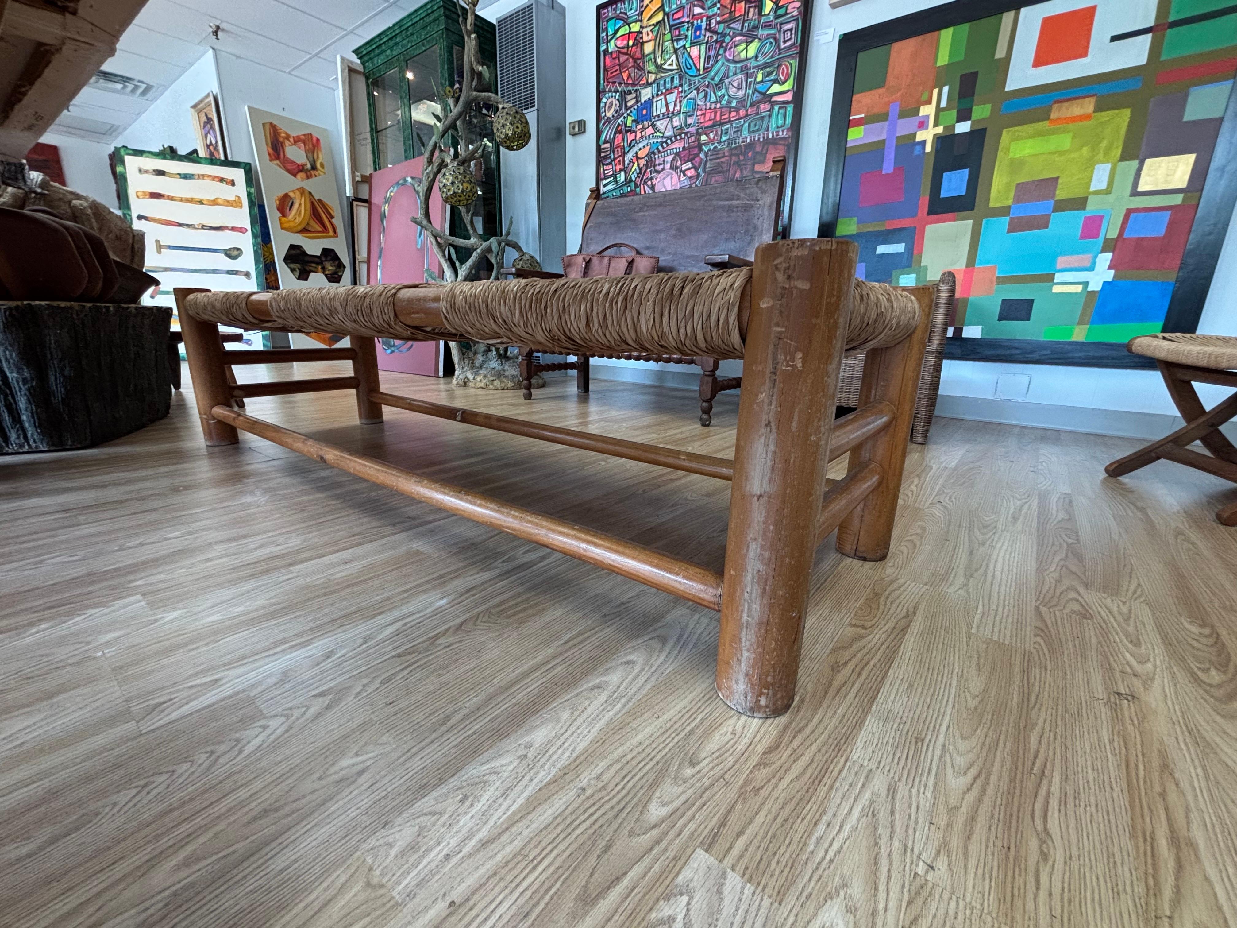 Rustic Mexican Backless Bench in Pine and Rush, Circa 1960s In Good Condition For Sale In San Antonio, TX