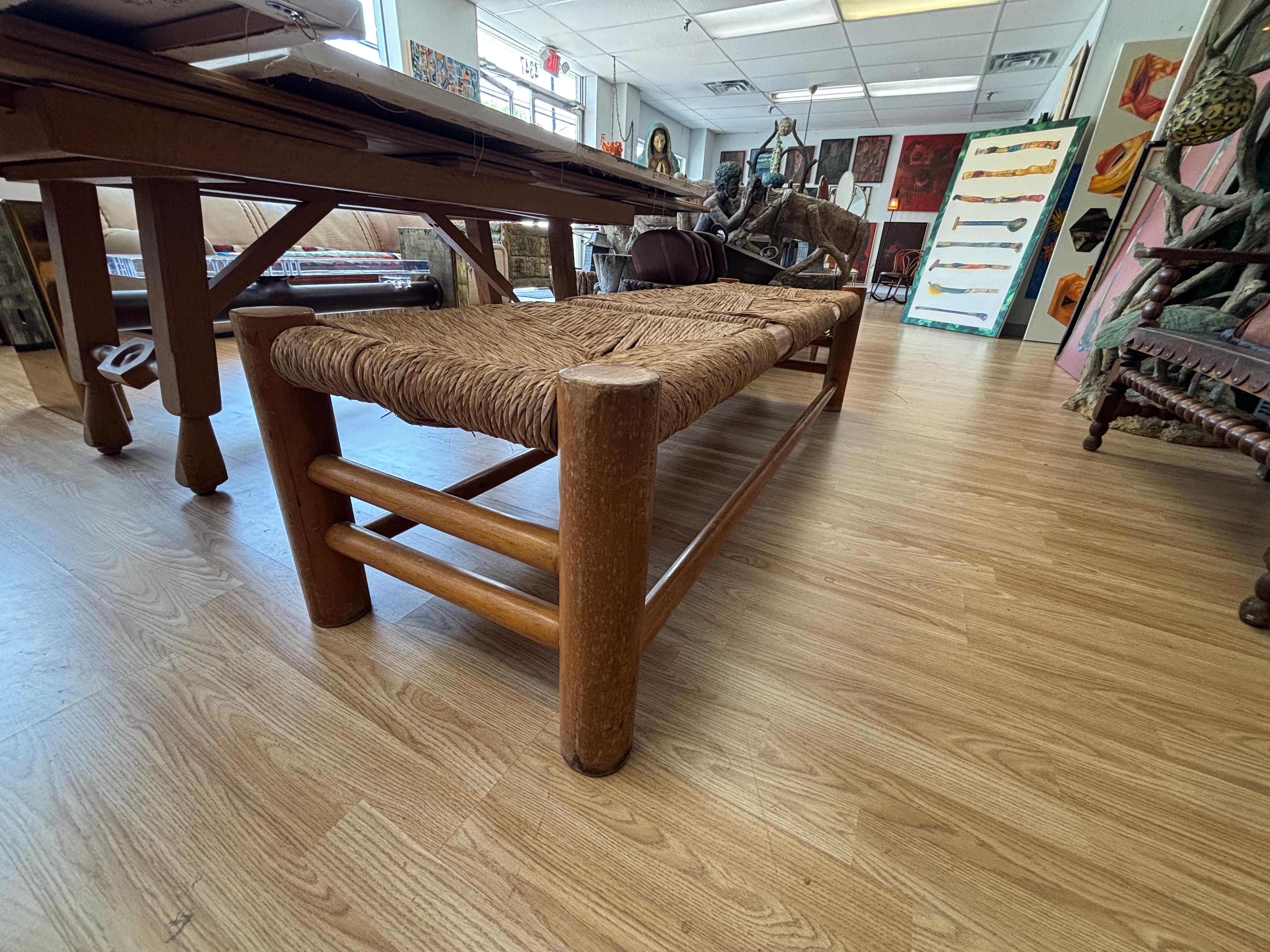 Rustic Mexican Backless Bench in Pine and Rush, Circa 1960s For Sale 1