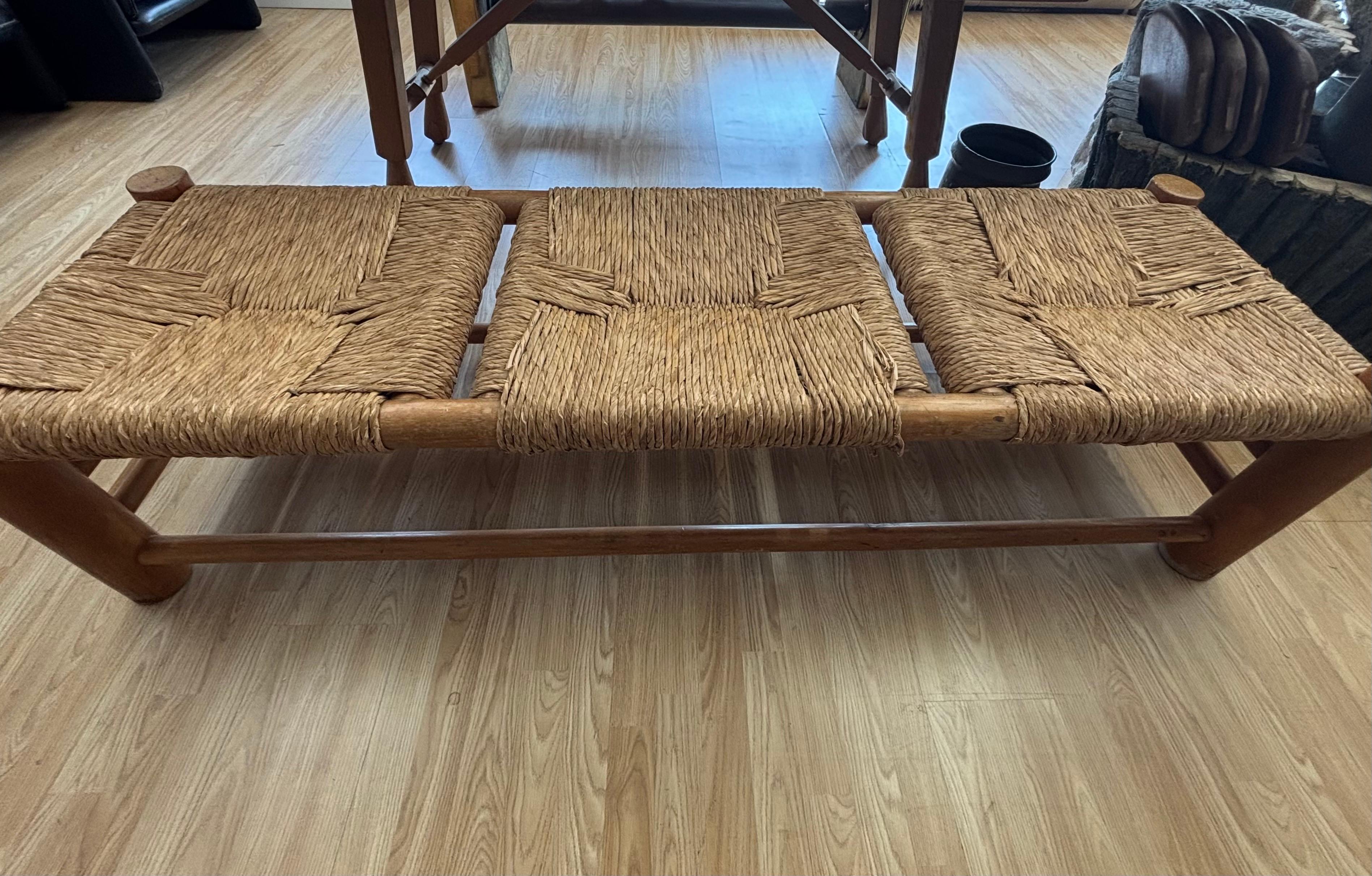 Rustic Mexican Backless Bench in Pine and Rush, Circa 1960s For Sale 2
