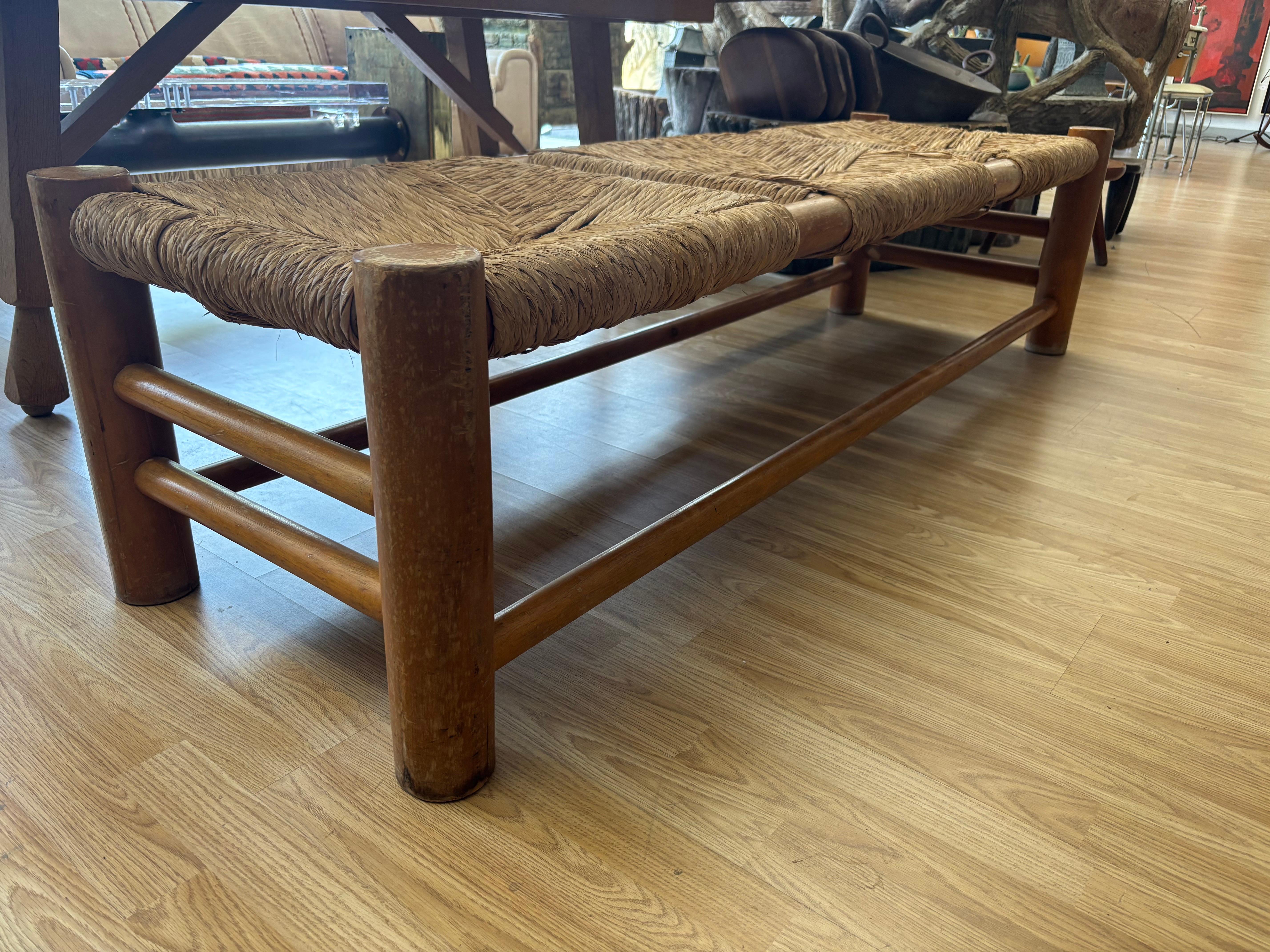 Rustic Mexican Backless Bench in Pine and Rush, Circa 1960s For Sale 4