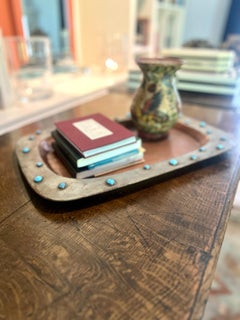 Rustic Mexican Tray in Copper and Metal with Blue Bead Details
