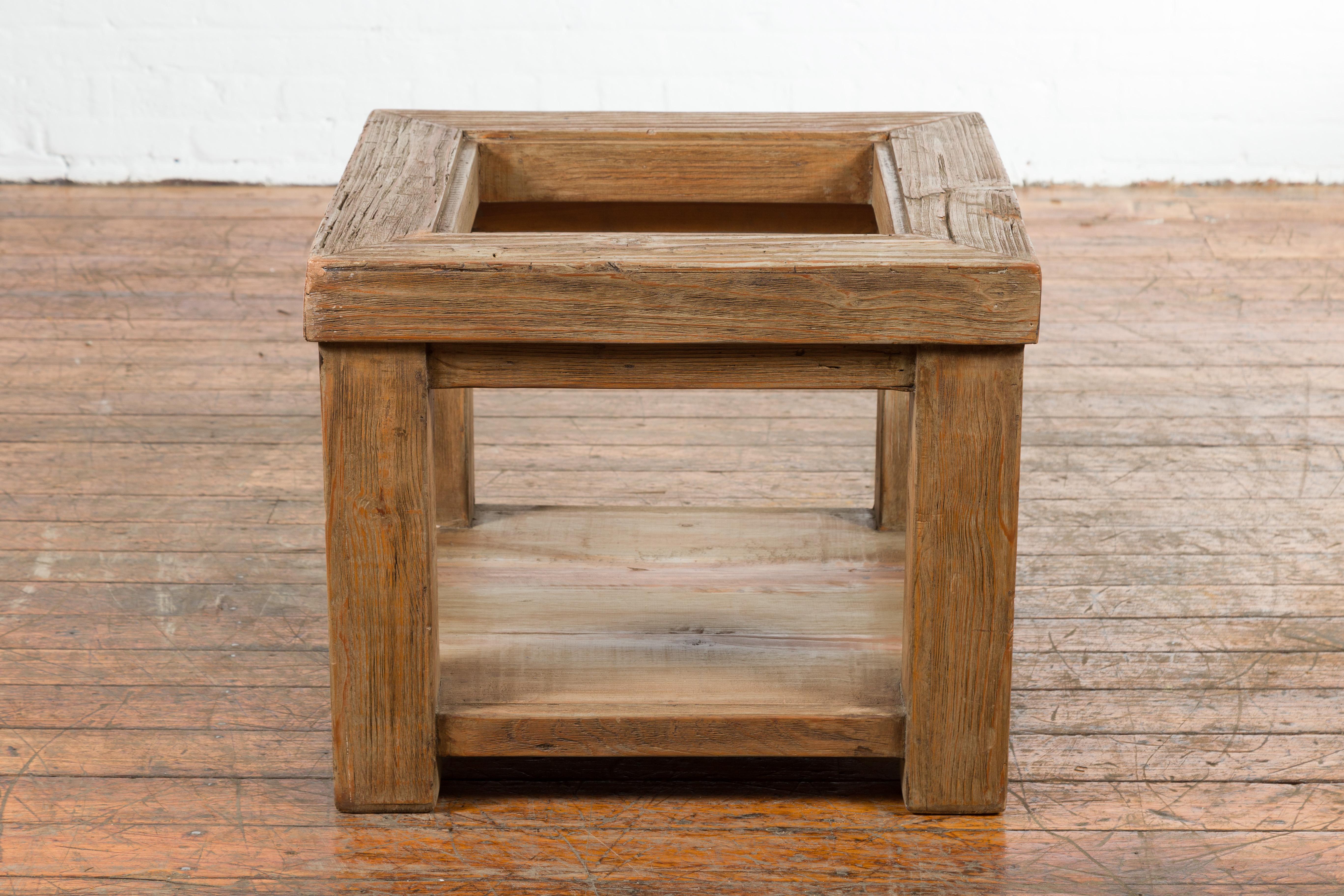 Rustic Mexican Vintage Natural Wood Coffee Table Base with Lower Shelf For Sale 3