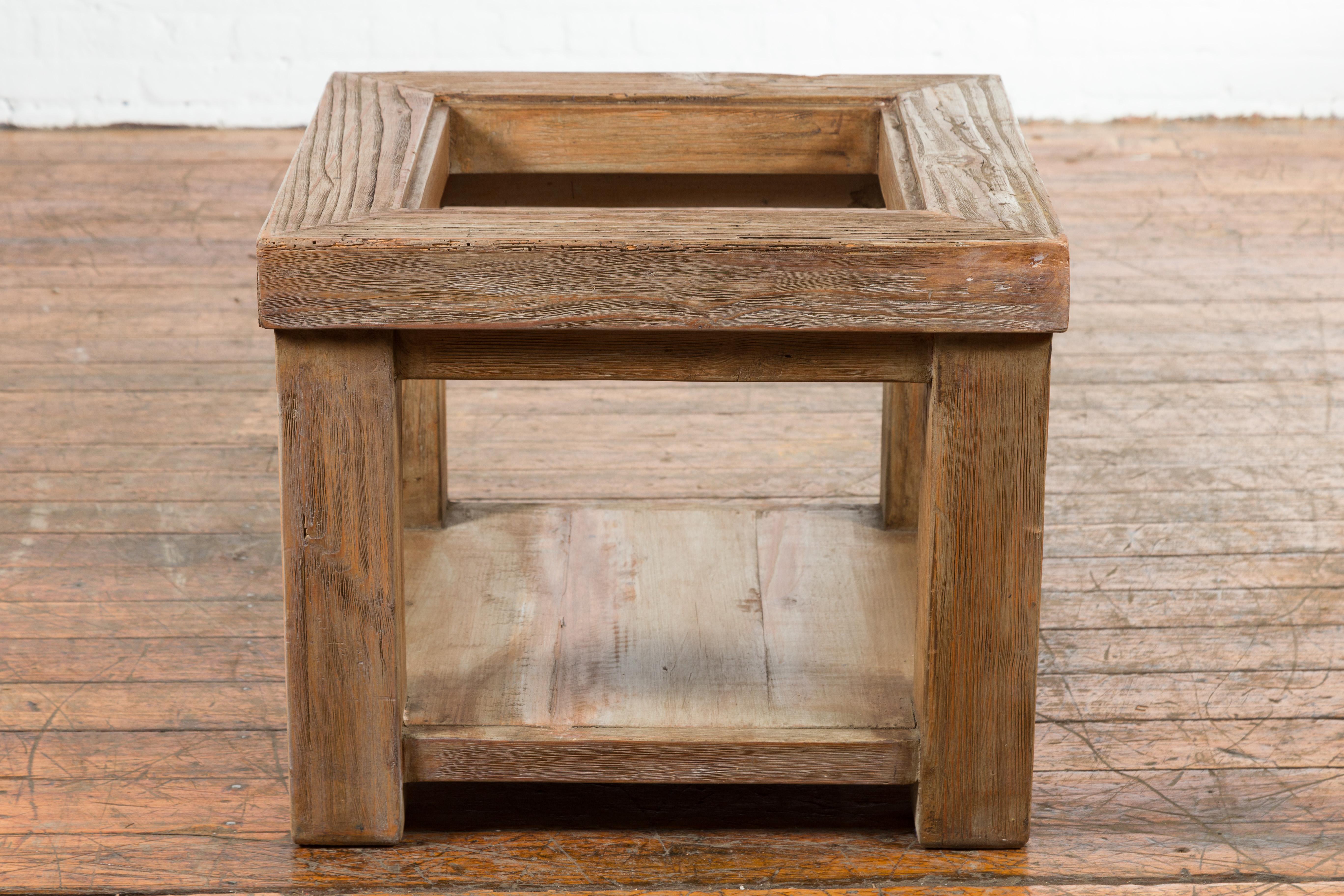 Rustic Mexican Vintage Natural Wood Coffee Table Base with Lower Shelf For Sale 4