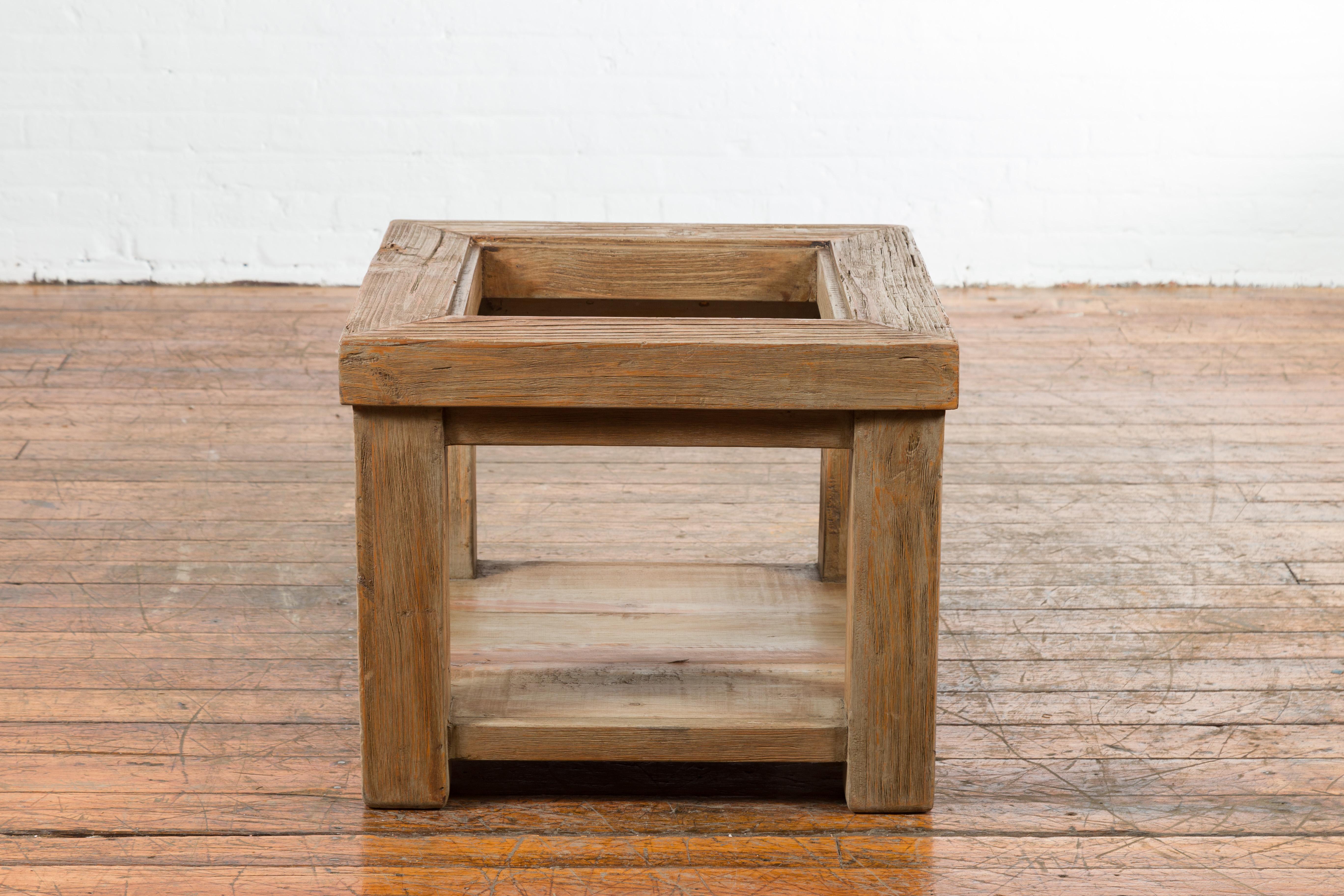 Rustic Mexican Vintage Natural Wood Coffee Table Base with Lower Shelf For Sale 5