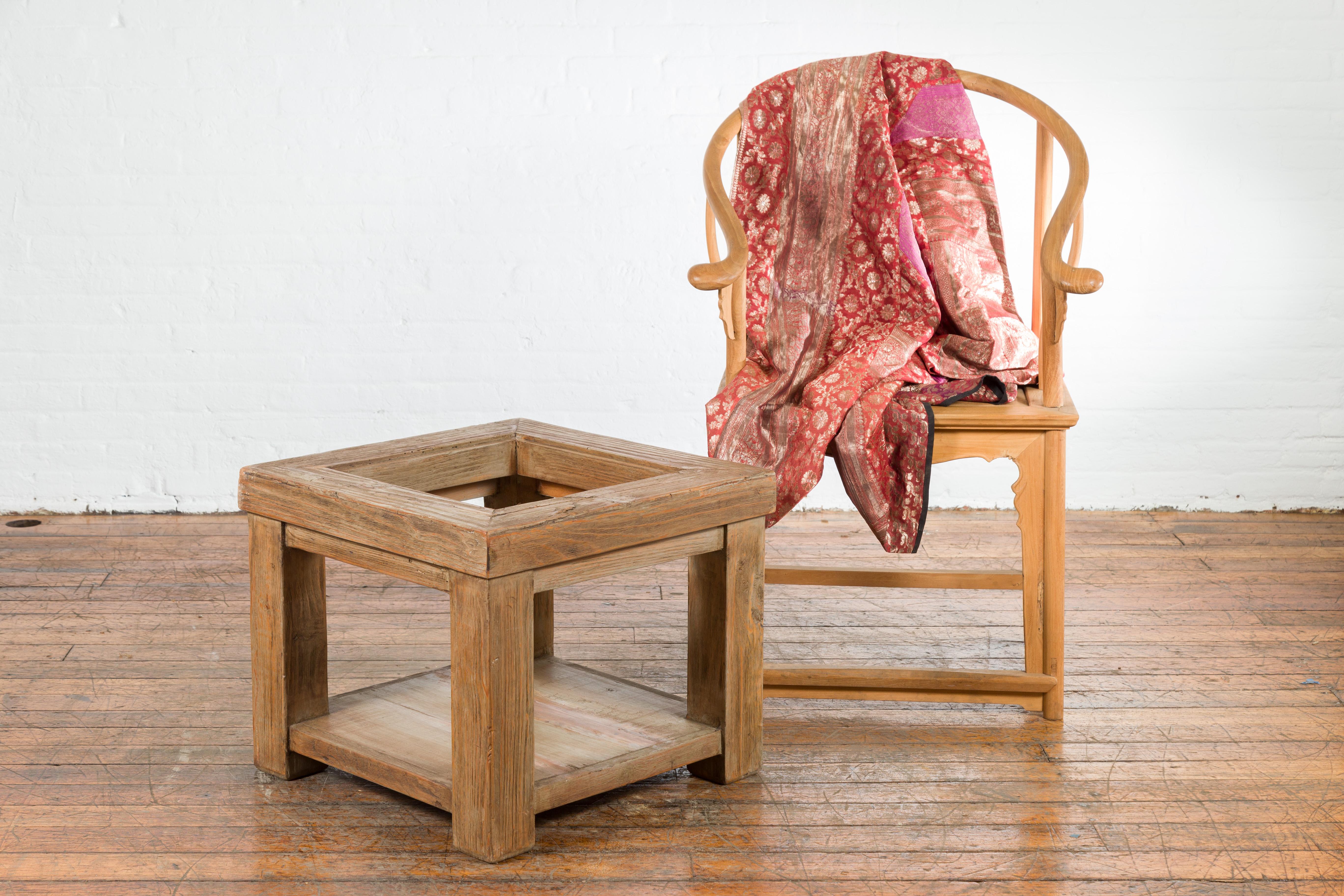 A Mexican vintage natural wood coffee table base from the mid 20th century, with lower shelf. Created in Mexico during the midcentury period, this wooden coffee table base is beveled to receive the glass top of your choice! The opening to receive