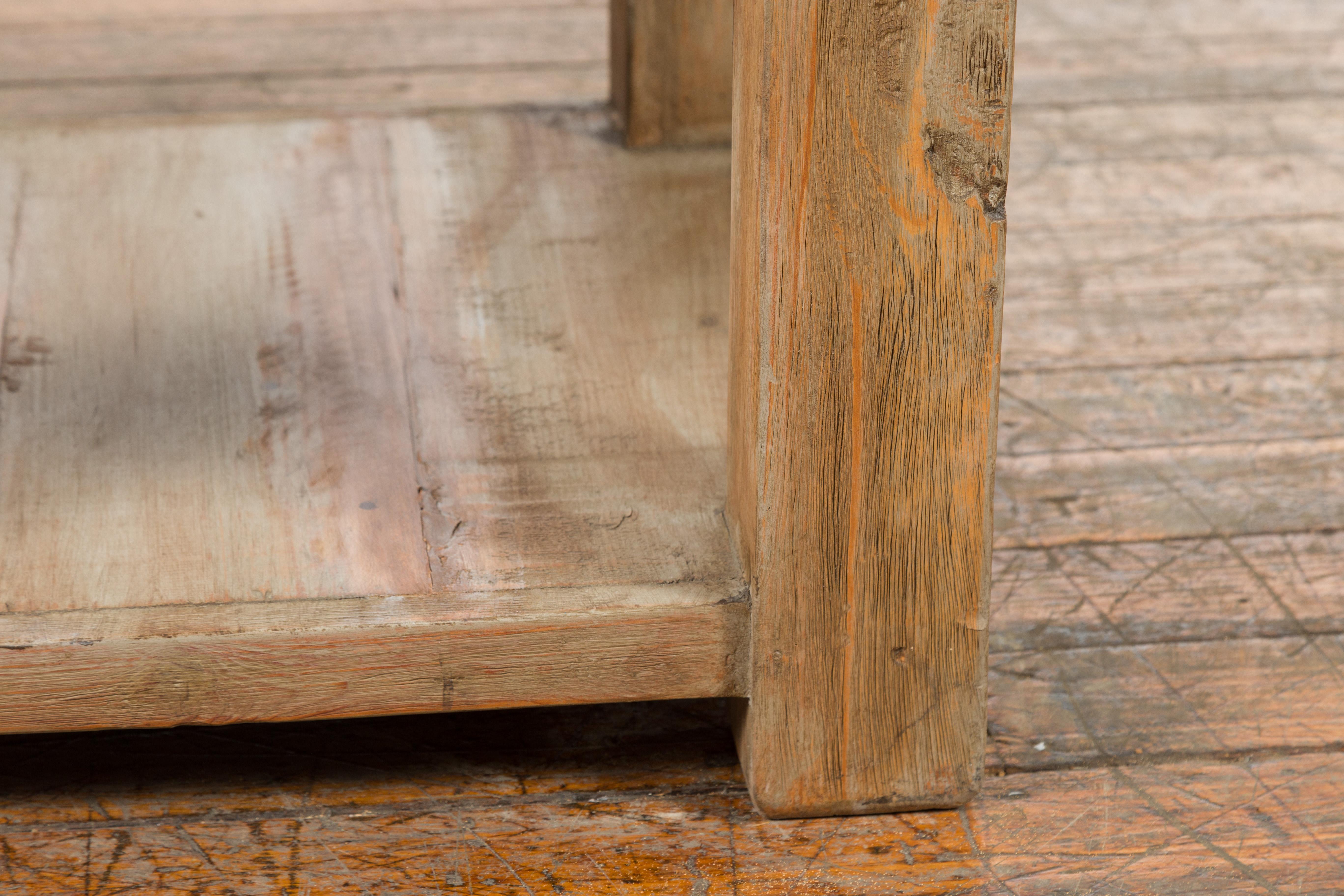 Rustic Mexican Vintage Natural Wood Coffee Table Base with Lower Shelf For Sale 1