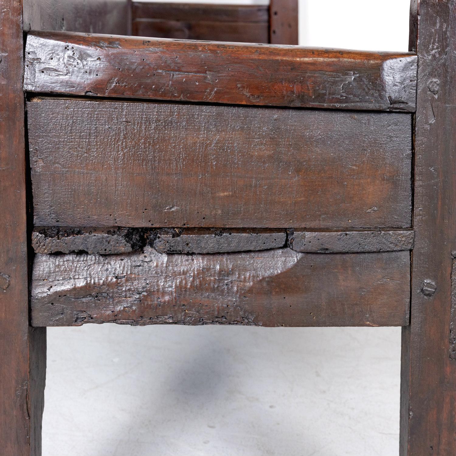 Rustic Mid-18th Century Spanish Walnut Bench with Arms 12