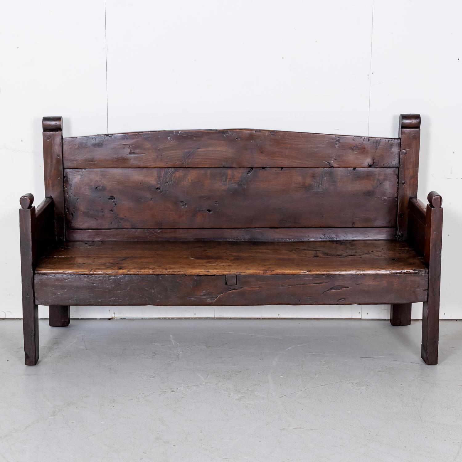 Rustic Mid-18th Century Spanish Walnut Bench with Arms 2